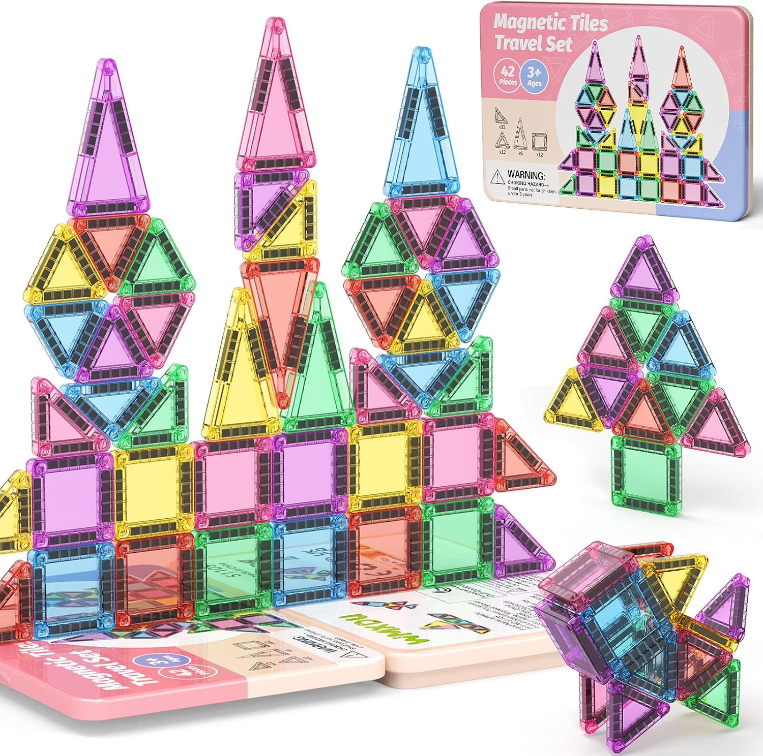 42-Piece Mini Magnetic Tiles with Iron Case AMD 26 PCS Magnetic Building Toys Kid's Travel Essential Portable Creativity On-The-Go Magnet Blocks STEM Travel Toys for Toddler Boys Girls Ages 3+
