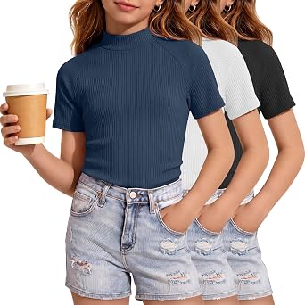 3 Pack Girls Shirts Short Sleeve Mock Turtleneck Summer Clothes Ribbed Knit Fitted Tops Kids Fashion Tees 5-14y