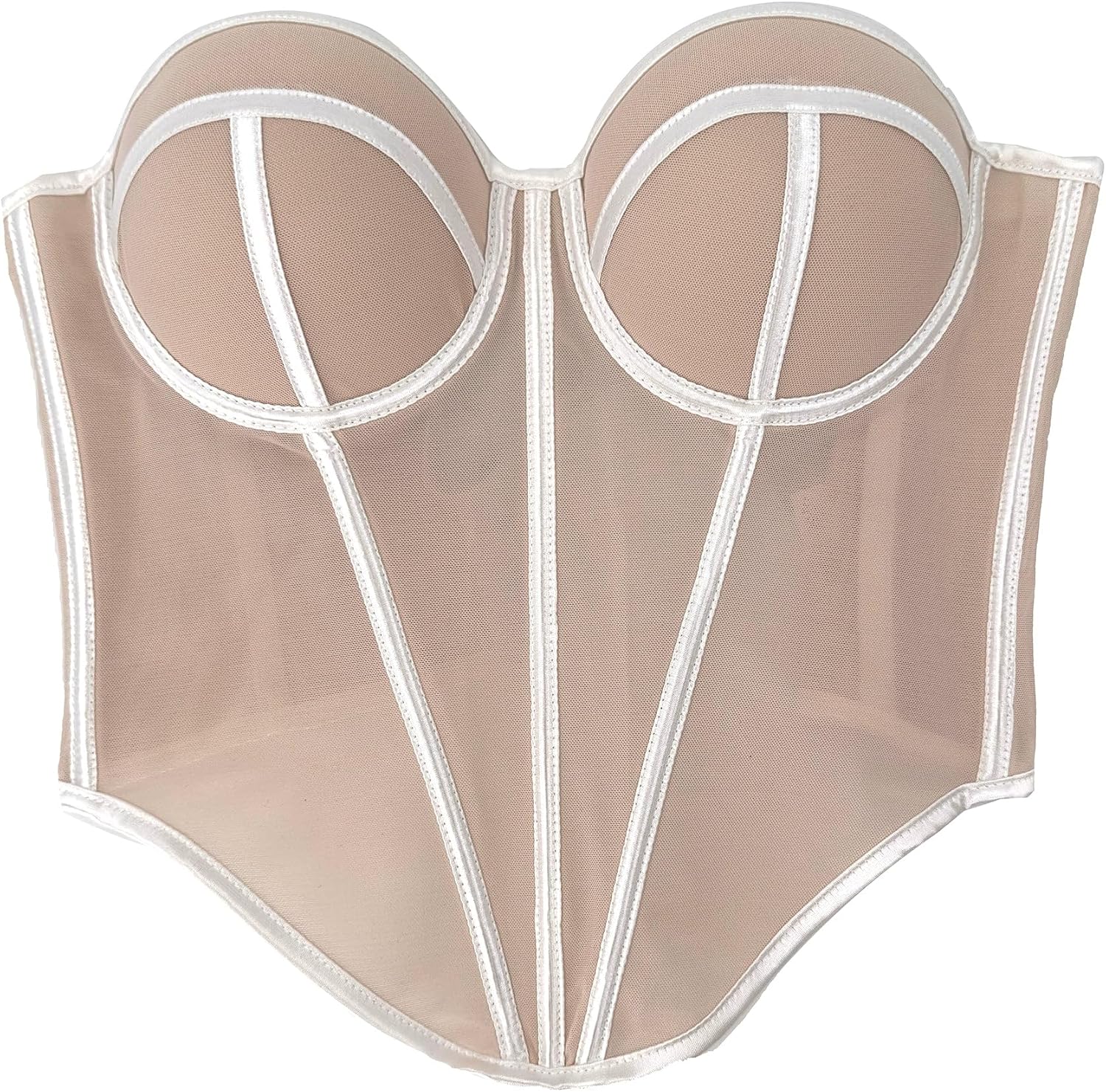 ELLACCI Women's Khaki Mesh Corset Top with White Trim Spaghetti Strap Push-Up Bustier Tops