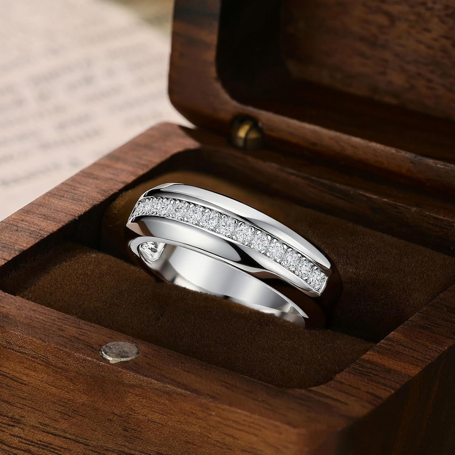 Mens Moissanite Wedding Band 925 Sterling Silver 13 Round Cut Lab Created Stones Engagement Promise Ring Gift for Him Size 7-14