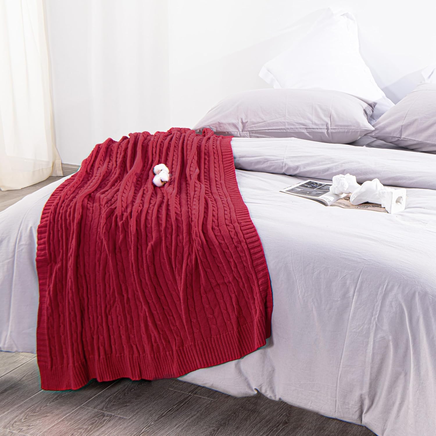 NTBAY 100% Pure Cotton Cable Knit Throw Blanket, Super Soft Warm 51x67 Knitted Throw Blanket for Couch, Sofa, Chair, Bed - Extra Cozy, Machine Washable, Comfortable Home Decor, Red - Image 6