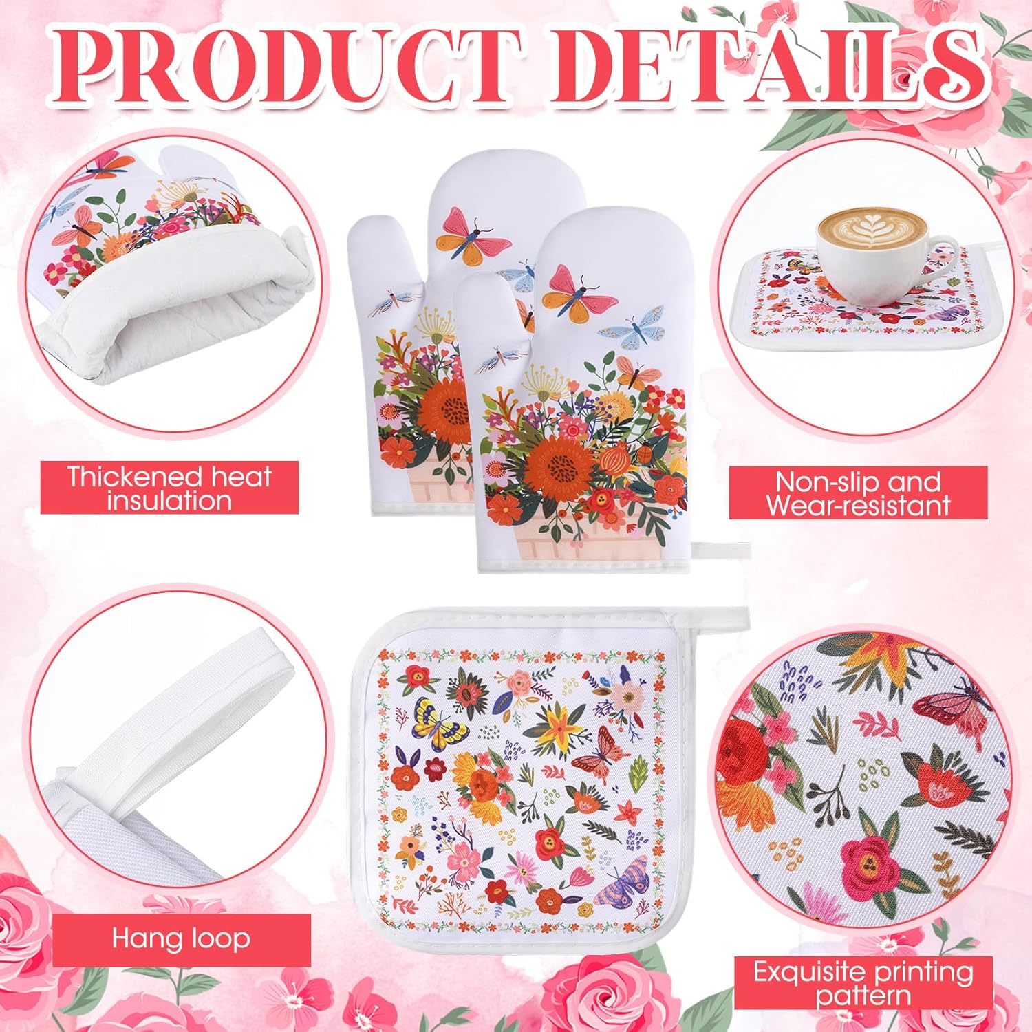 Zhehao 10 Pcs Flower Kitchen Sets Kitchen Towels, Scalloped Rugs, Oven Mitt and Potholder Set Farmhouse Floral Decor Boho Accessories for Floor Home Decorations Accessories Mom Gifts