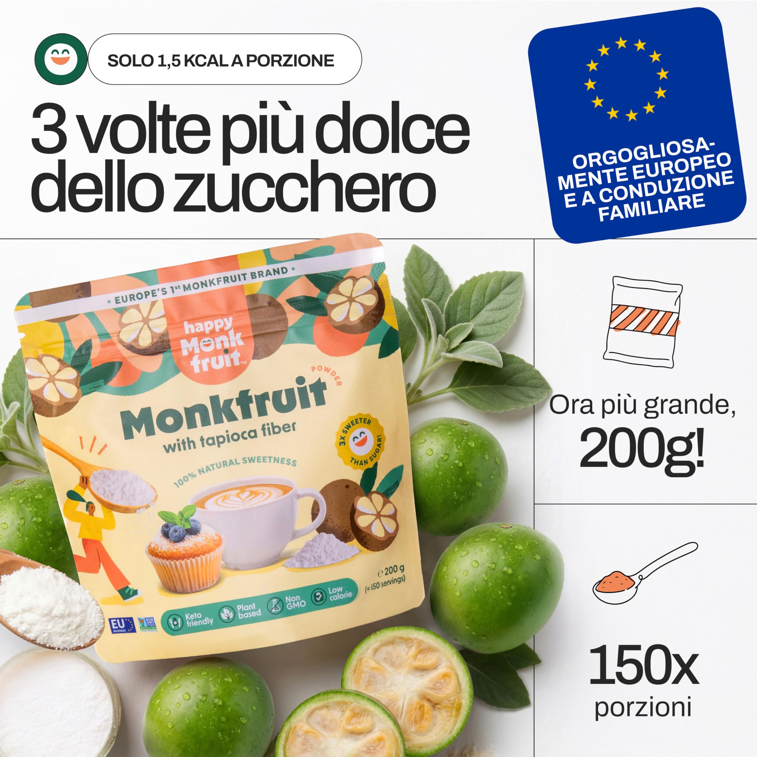 Frutto del Monaco in Polvere 200g Dolcificante, 150 Porzioni, 3x Più Dolce dello Zucchero - Monk Fruit Senza Eritritolo - Sostituto dello Zucchero per Dolci, Keto, Vegano | Happy Monkfruit®