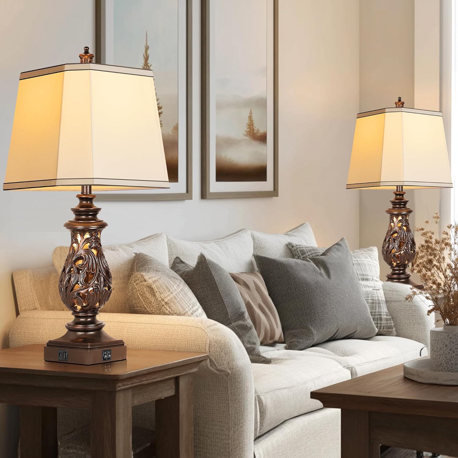 PARTPHONER 29" Table Lamps Set of 2, Bedside Lamps with USB A+C Ports & Night Light, Farmhouse Nightstand Lamps with Faux Silk Shades for Bedroom Living Room, Vintage Brown (LED Bulbs Included)
