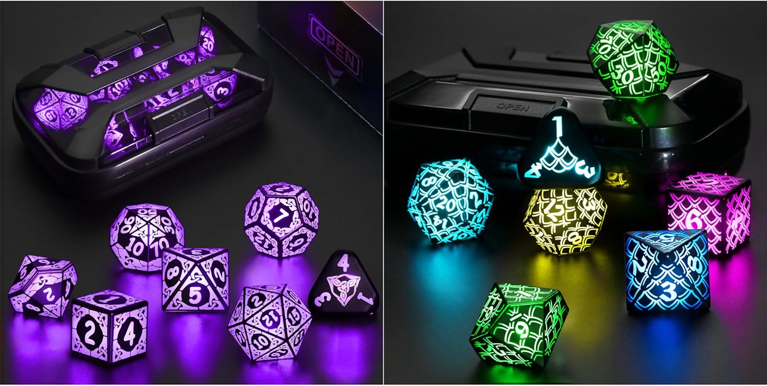 Dragon Scales RGB LED Dice & Purple Light up Dice Set— for DND Dungeons and Dragons Dice Set