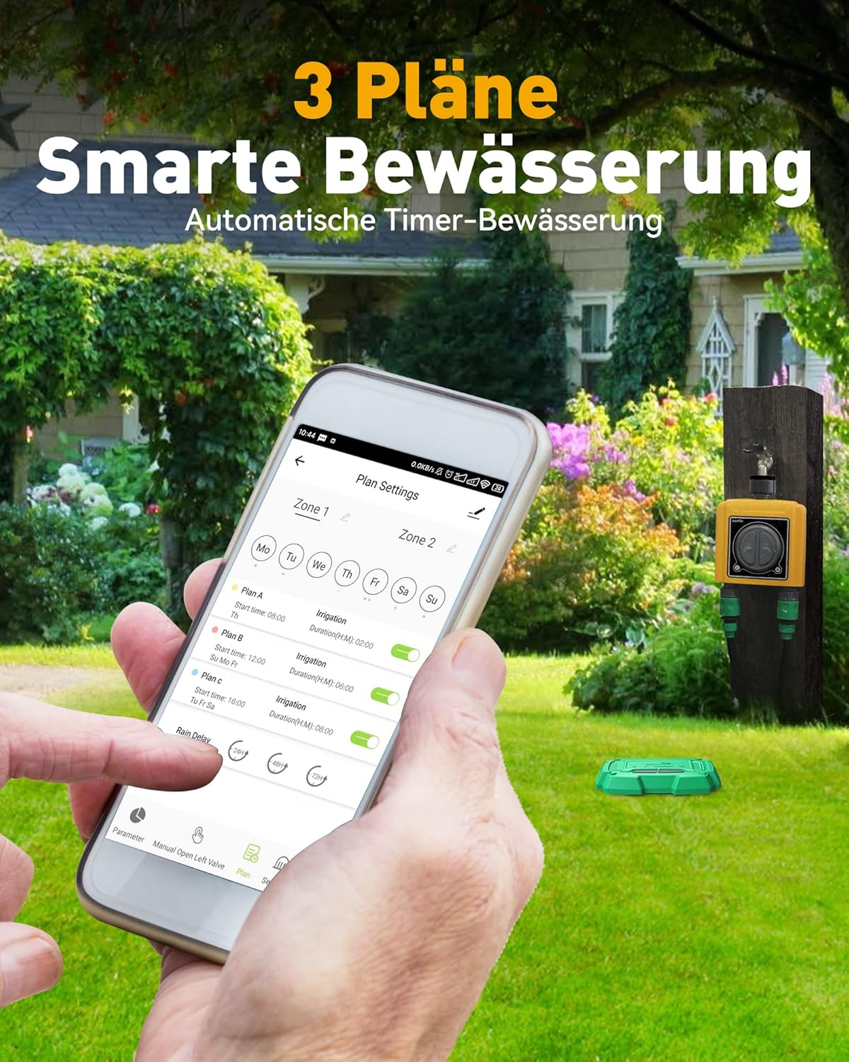 Smartphone app displaying smart watering plan settings with multiple schedules.