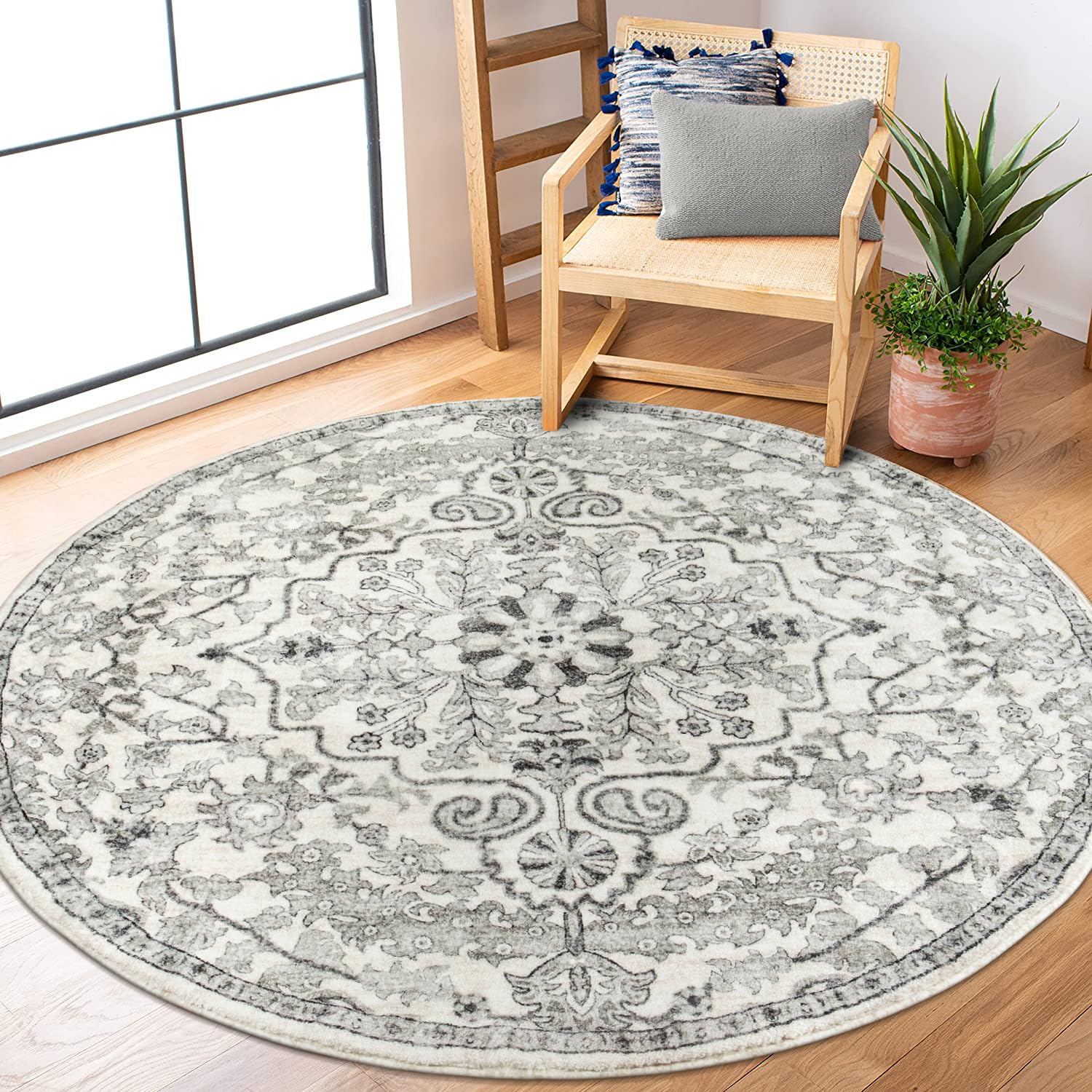 Lahome Round Rug 5'3"Ft, Soft Rugs for Living Room Machine Washable Rugs for Bedroom, Bohemian Medallion Non-Slip Non-Shedding Print Indoor Carpet for Entryway Bathroom Coffee Table, Beige