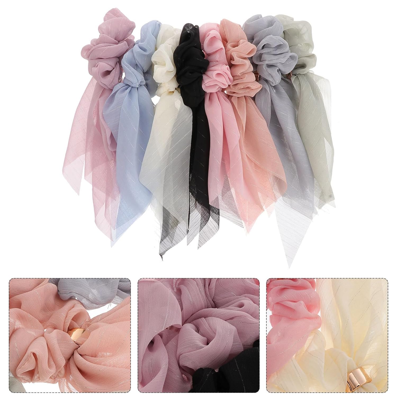 VALICLUD 8PCS Chiffon Hair Scarf Scrunchies Double Layer Bowknot Ponytail Holder Elastic Ribbon Hair Ties for Women Girls