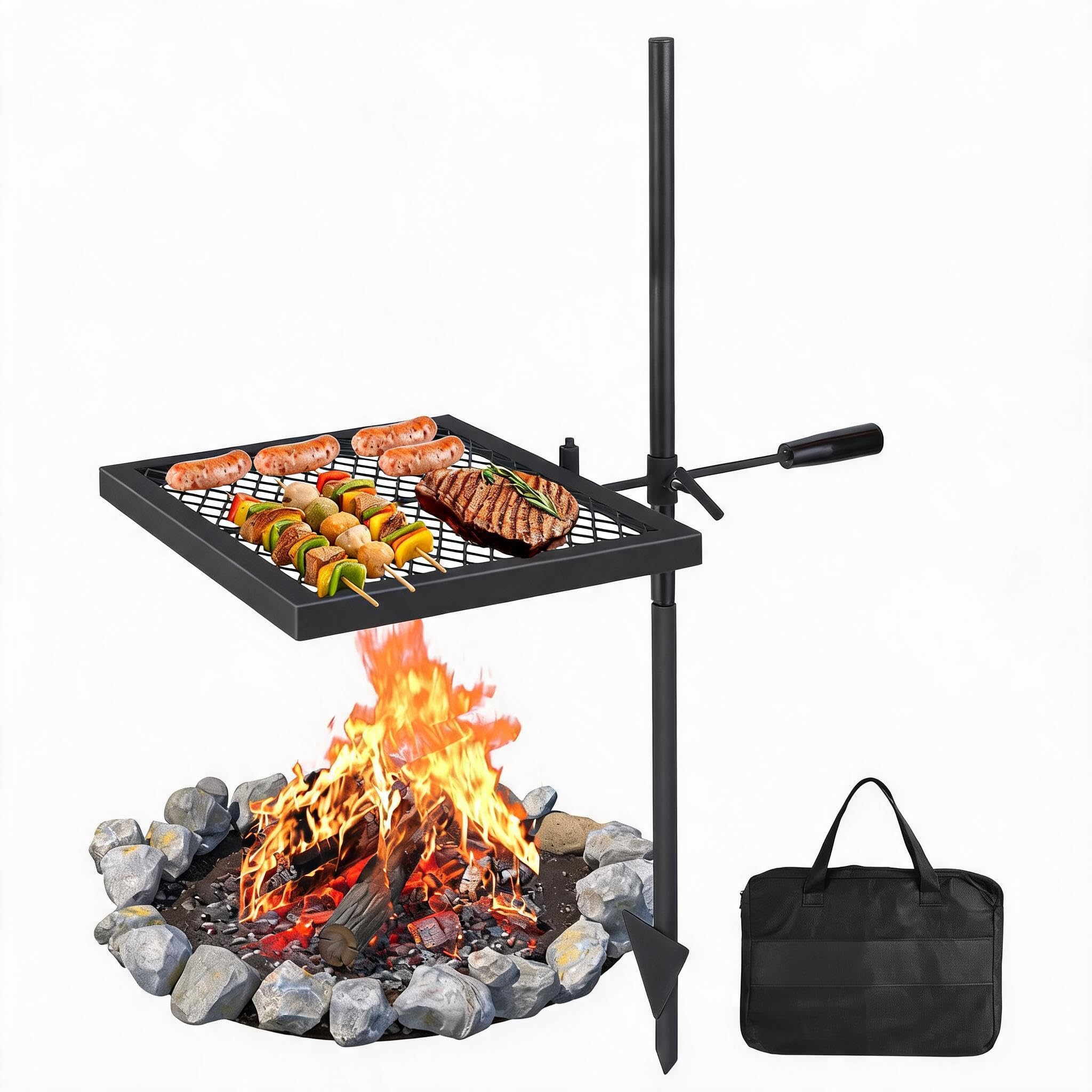 Djioyer 22*15 Campfire Grill & Griddle 360° Swivel Folding Fire Pit Cooking Grate With 600°F Protective Coating Portable Bbq Grill For Picnics Outdoor Camping Garden Backyard Hiking Includes Carry Bag