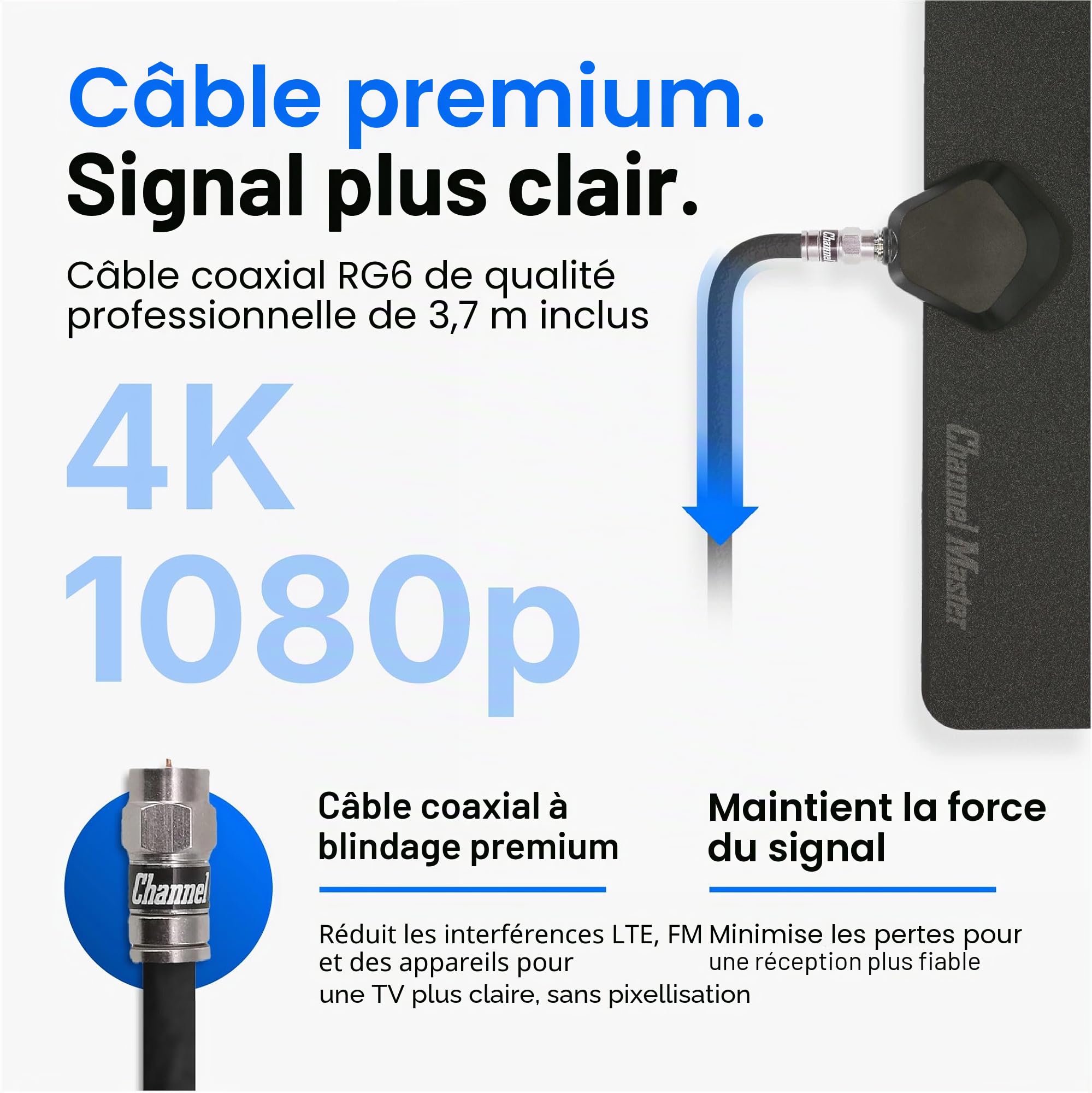 Channel Master FLATenna : antenne HDTV numérique intérieure, câble coaxial de 3,7 m, portée et fiabilité de réception supérieures, compatible avec téléviseurs intelligents 4K, diffusion OTA et NextGen