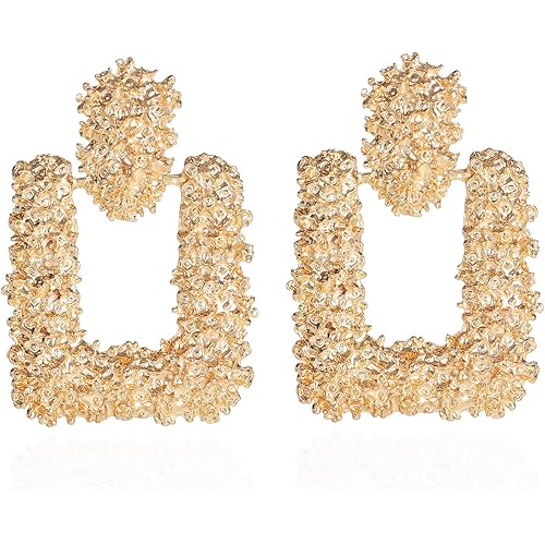 ATIMIGO Statement Drop Earrings Large Metal Rectangle Geometric Dangle Earrings Silver/Gold for Women Girls