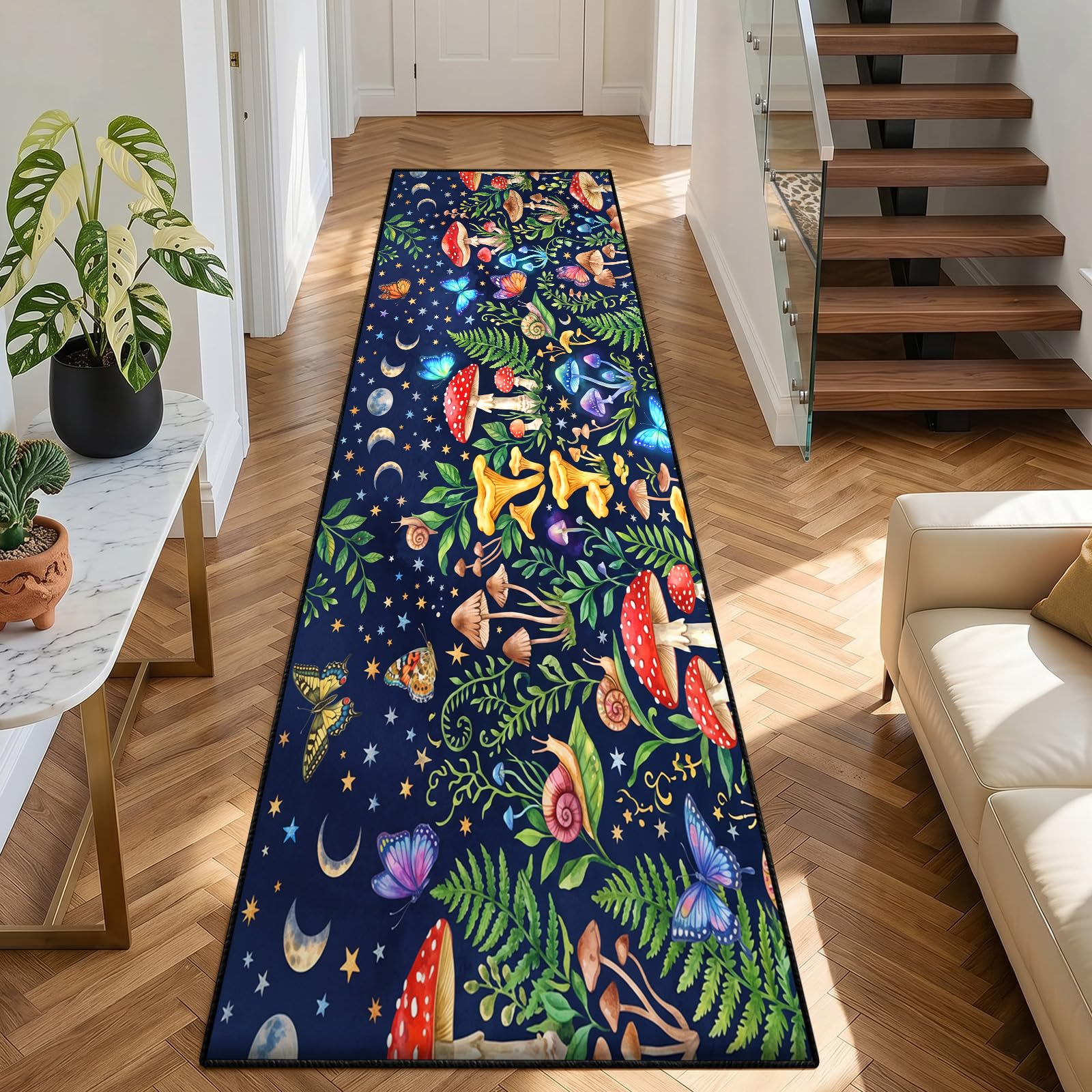 Mushroom Insect Runner Rugs for Hallway 120x360cm, Fantasy Butterfly Carpet Runners, Boho Moon Long Carpet, With Non Slip Backing Cozy Reduce Noise Machine Washable Rug Low Pile Home Decoration