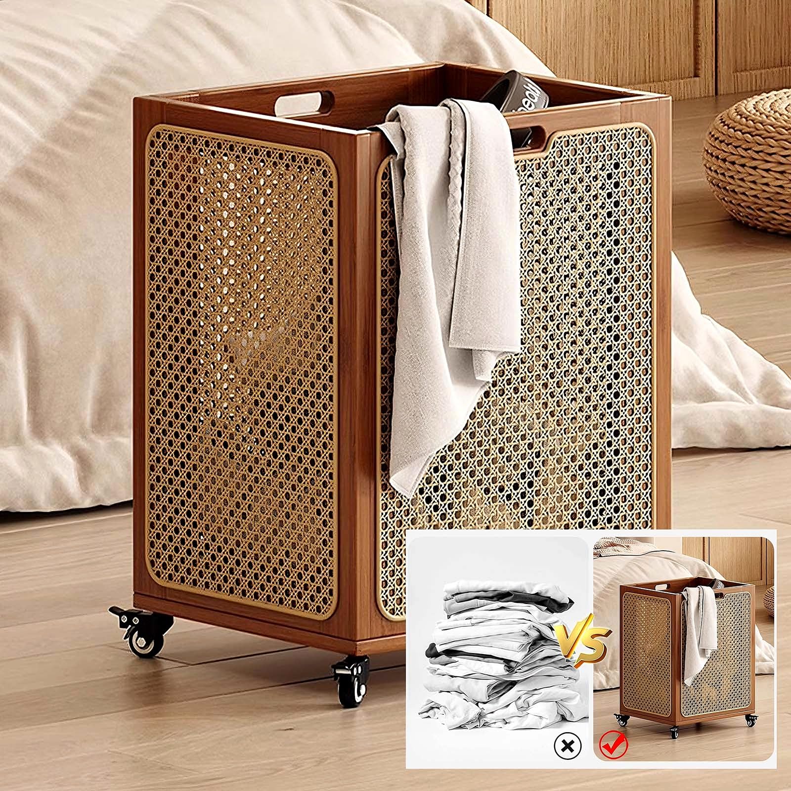 Großer Wäschekorb mit Rollen und Deckel Multifunktionaler Wäschesammler Atmungsaktiv und Komfortabel Wäschewagen für Badezimmer, Waschküchen, Wohnzimmer, Schlafzimmer(Brown)