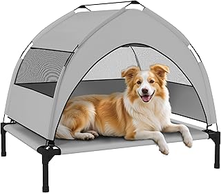 PawHut Hundeliege Outdoor mit Dach, Erhöhtes Hundebett für mittelgroße Hunde, Kühlendes Haustierliege mit Stahlrahmen, Aufbewahrungstasche, Haustierbett für Draußen Camping, 76x61x70cm, Hellgrau
