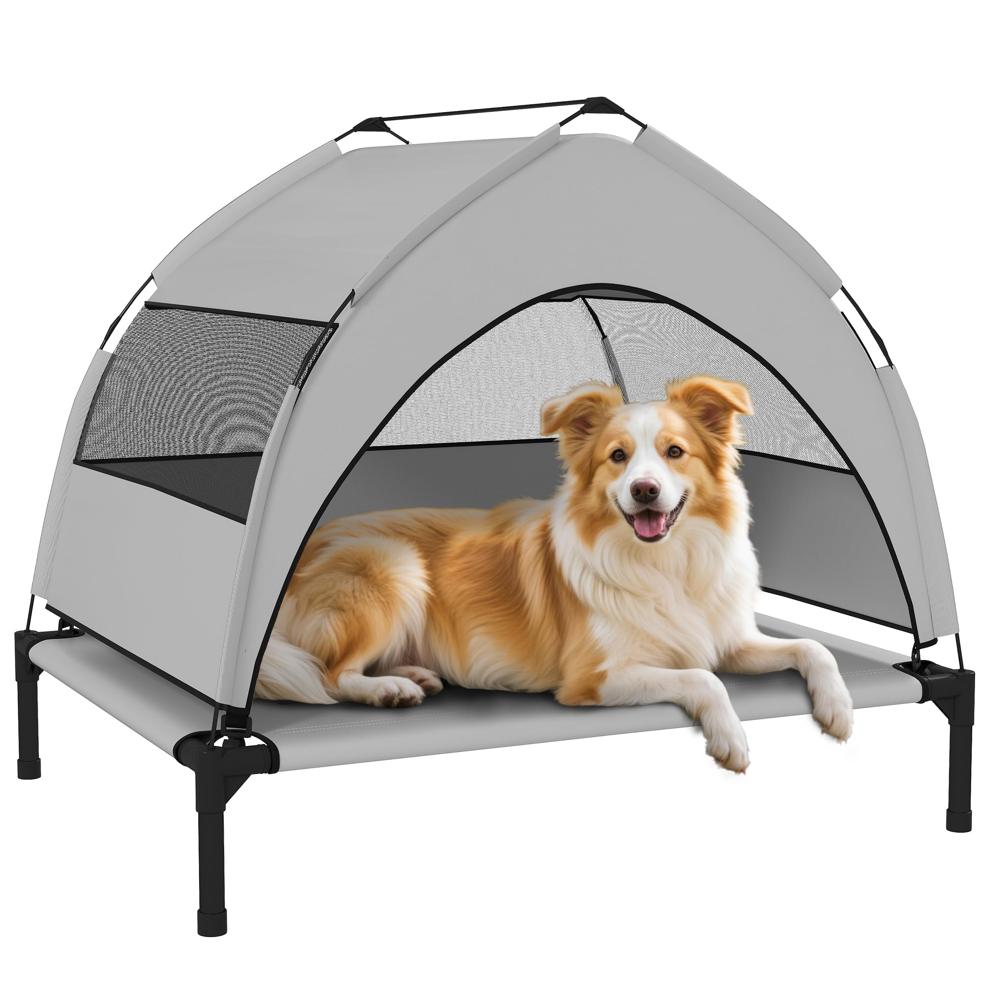 PawHut Portable Elevated Dog Bed with Removable Canopy, 76 x 61 x 60 cm | Removable Canopy, Portable Cooling Raised Pet Cot, Breathable Mesh, Storage Bag, Indoor Outdoor Use