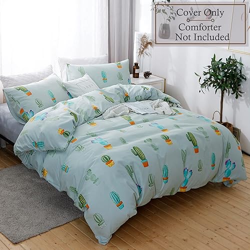 Miniatura 2 de LAMEJOR Juego de funda de edredón tamaño Queen con diseño de cactus de dibujos animados de hotel, juego de cama suave de lujo (1 funda de edredón +