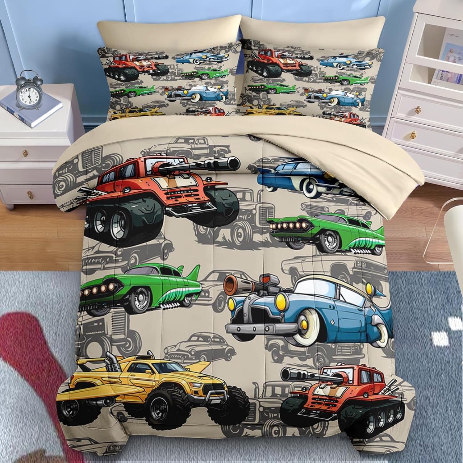 Nesker 5 Pcs Car Comforter Set Twin Size, Colorful Race Car Boys Bedding Brown Bed in a Bag for Kids and Adults, Retro Green Truck Bed Sheet Sets with Fitted Sheet Pillowcases & Shams - Image 3