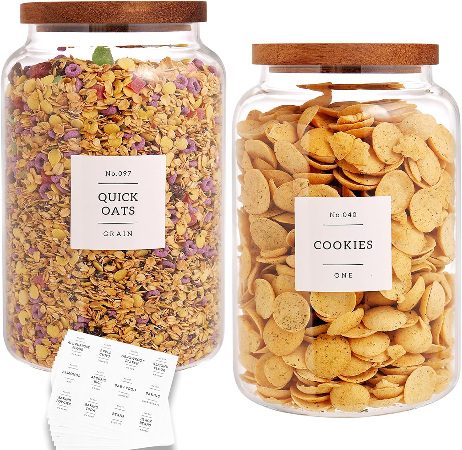 set of 2 large glass flour and sugar containers with 132 pantry labels - glass food storage jars with airtight bamboo lid for flour pasta candy coffee cookie and more(1 gallon/4000 ml) 4000ml