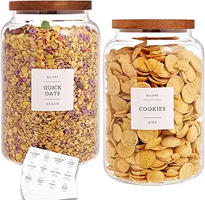 Set of 2 Large Glass Flour and Sugar Containers with 132 Pantry Labels - Glass Food Storage Jars with Airtight Bamboo Lid for Flour Pasta Candy Coffee Cookie and More(1 Gallon/4000 ml)