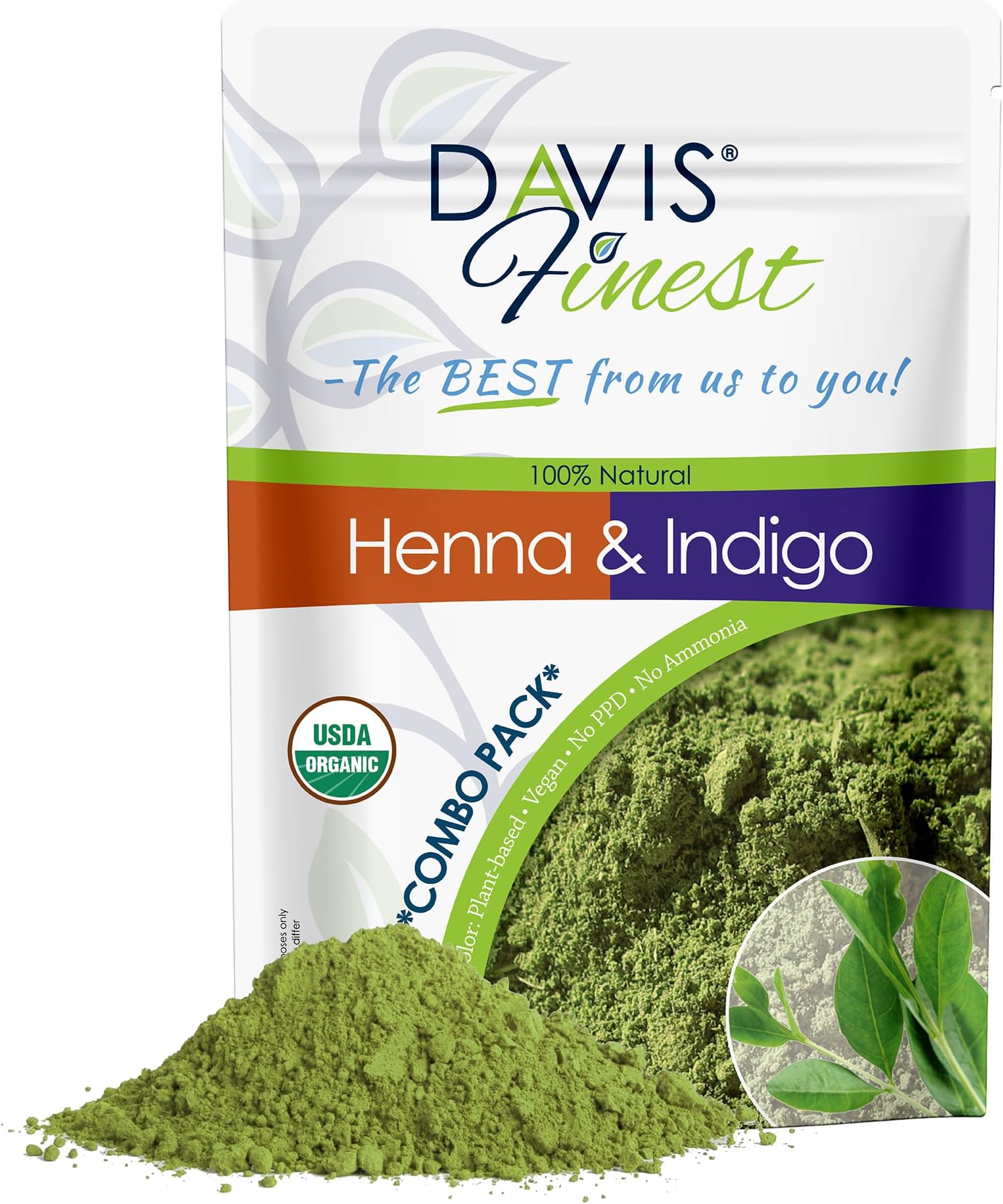 Davis Finest Henna Indigo Powder for Hair Color – 100g Henna with 100g Indigo, Chemical Free Hair Dye for Gray Hair Coverage, Light/Medium/Dark Brown/Black PPD-Free Beard Dye, No Peroxide Hair Color