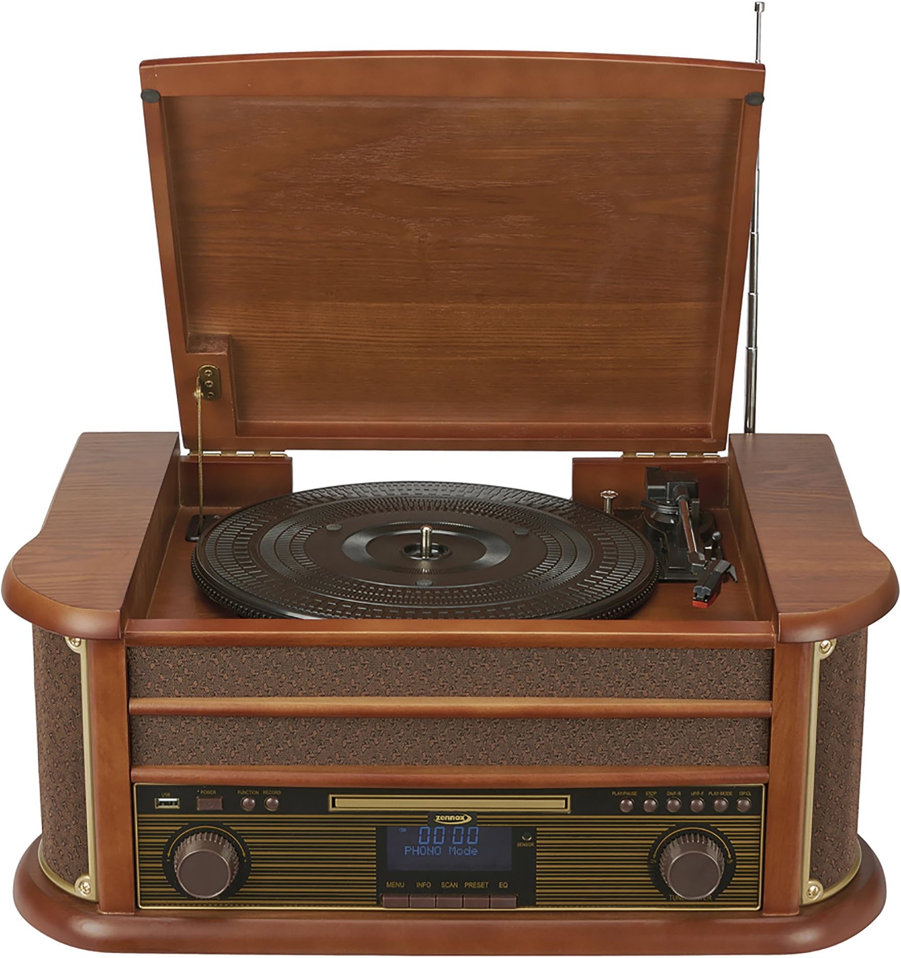 Wooden Music Centre Vinyl Turntable, Vintage Hi-Fi System, 3 Speed CD Player, MP3, USB & DAB Digital Radio by Zennox (Wooden Effect)