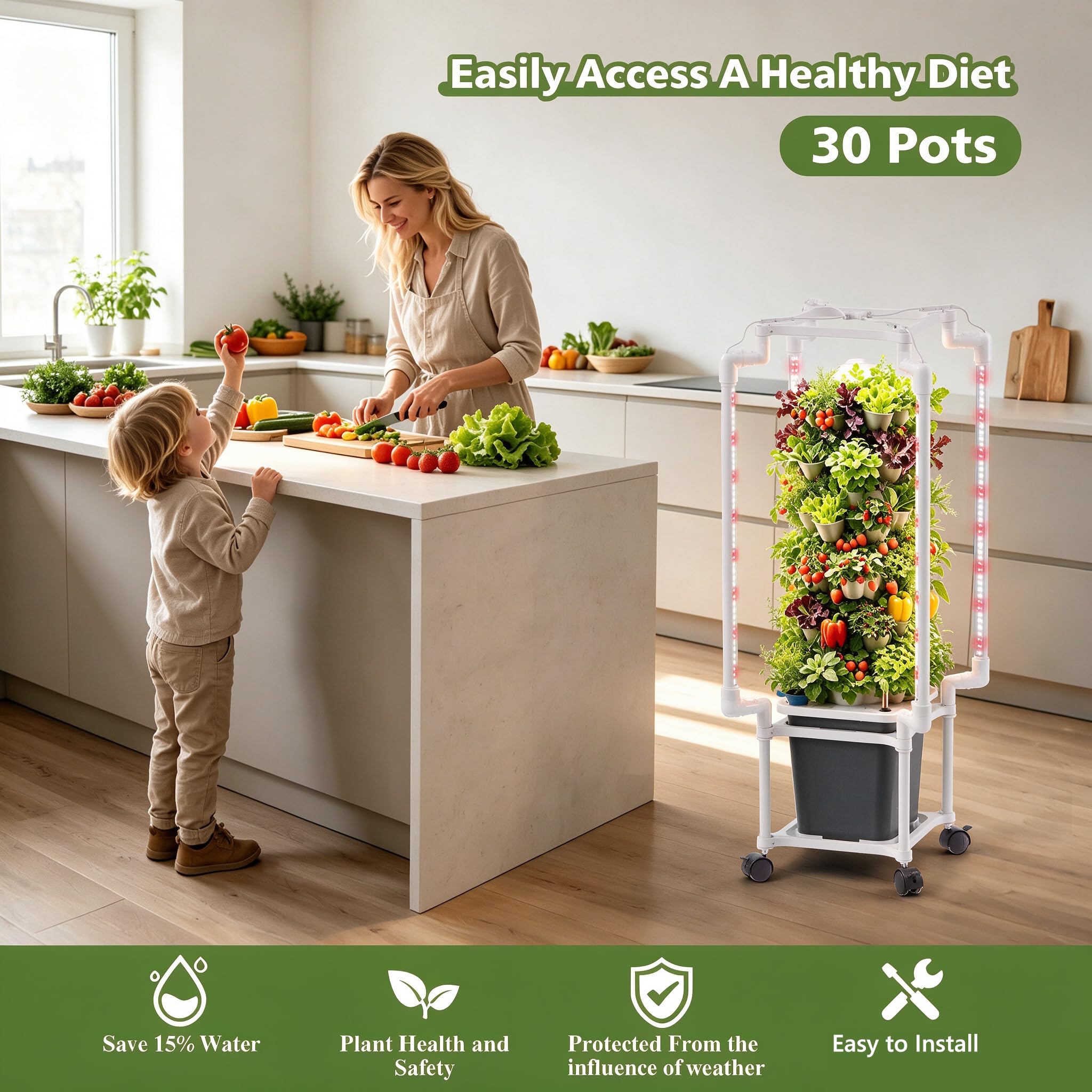 Kit de Cultivo Hidropónico, Sistema de Torre Hidropónica de 5 Niveles 30 Agujeros, con Luces de Crecimiento Control por App Ruedas Bomba de Agua, Depósito de 10 L, para Hierbas Frutas Vegetales