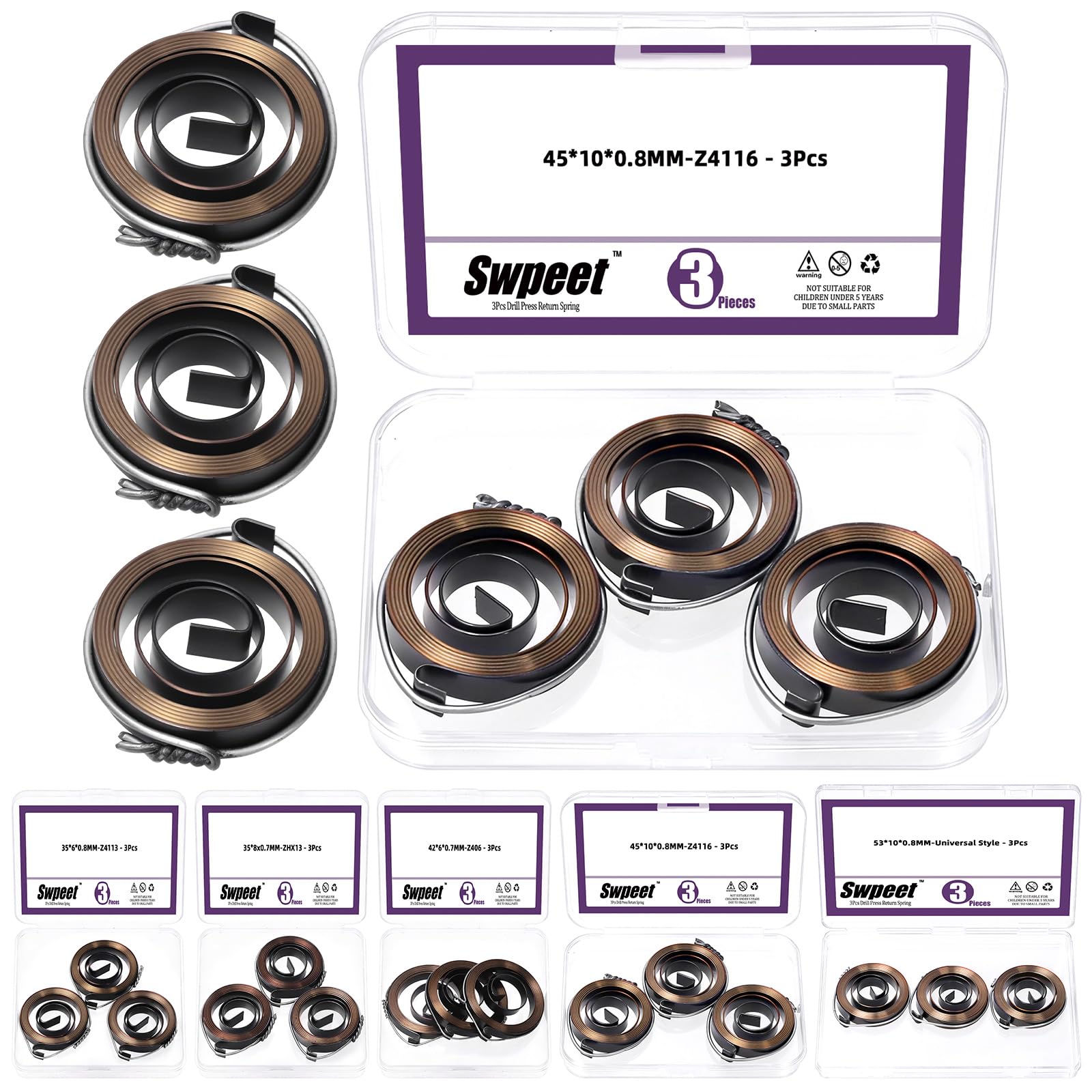 Swpeet 3-Pack Drill Press Return Springs – 45 X 10 X 0.8mm Quill Feed Coil Springs, Steel, For Bench Drills & Workshop Tools