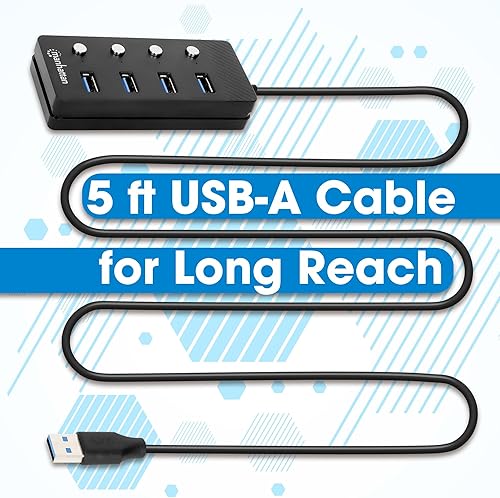 Miniatura 2 de Concentrador de cable de extensión USB de 4 puertos con cable de 5 pies de largo, interruptores de encendidoapagado USB 3.2 alimentados por USB -