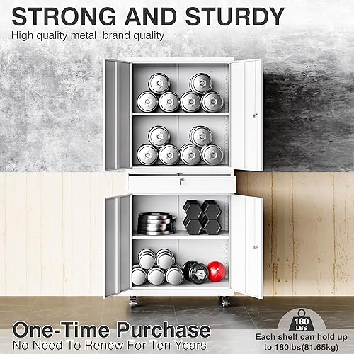 Miniatura 7 de SISESOL Armario de almacenamiento de metal blanco con ruedas y cajón, armario de garaje con puertas de bloqueo y estantes ajustables, armarios de