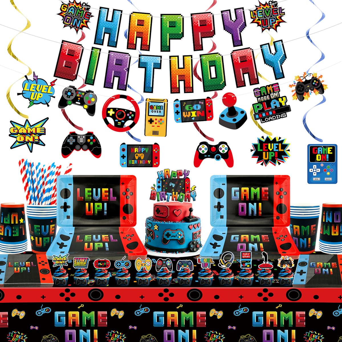Video Game Birthday Decorations, 20 Guests, Includes Plates, Napkins, Cups, Tablecloth, Banner, Hanging Swirls, Cake Topper for Boys Gamer Birthday Party Decorations