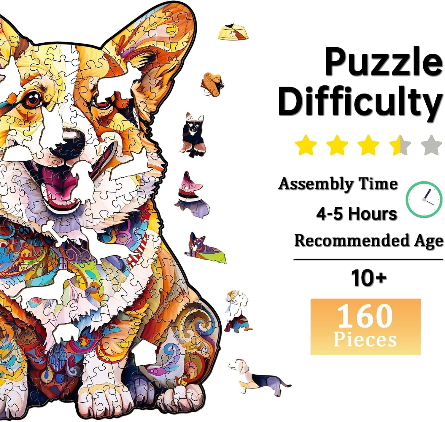 Jigfoxy Wooden Puzzles for Adults, Clever Corgi Dog Wood Puzzle for Adults, Unique Animal-Shaped Wooden Jigsaw Puzzle, Christmas Thanksgiving Gifts for Family and Friends (M-11.4 * 7.5in-160pcs)