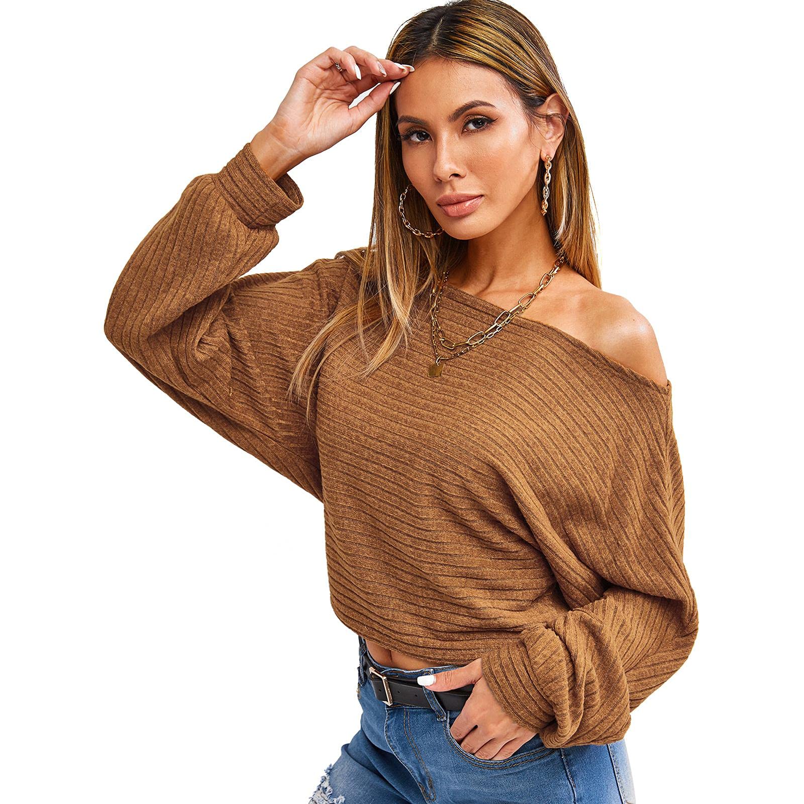 Women's Off Shoulder Oversized Sweaters Casual Loose Knit Jumper Batwing Sleeves Pullover Sweater Tops Coffee