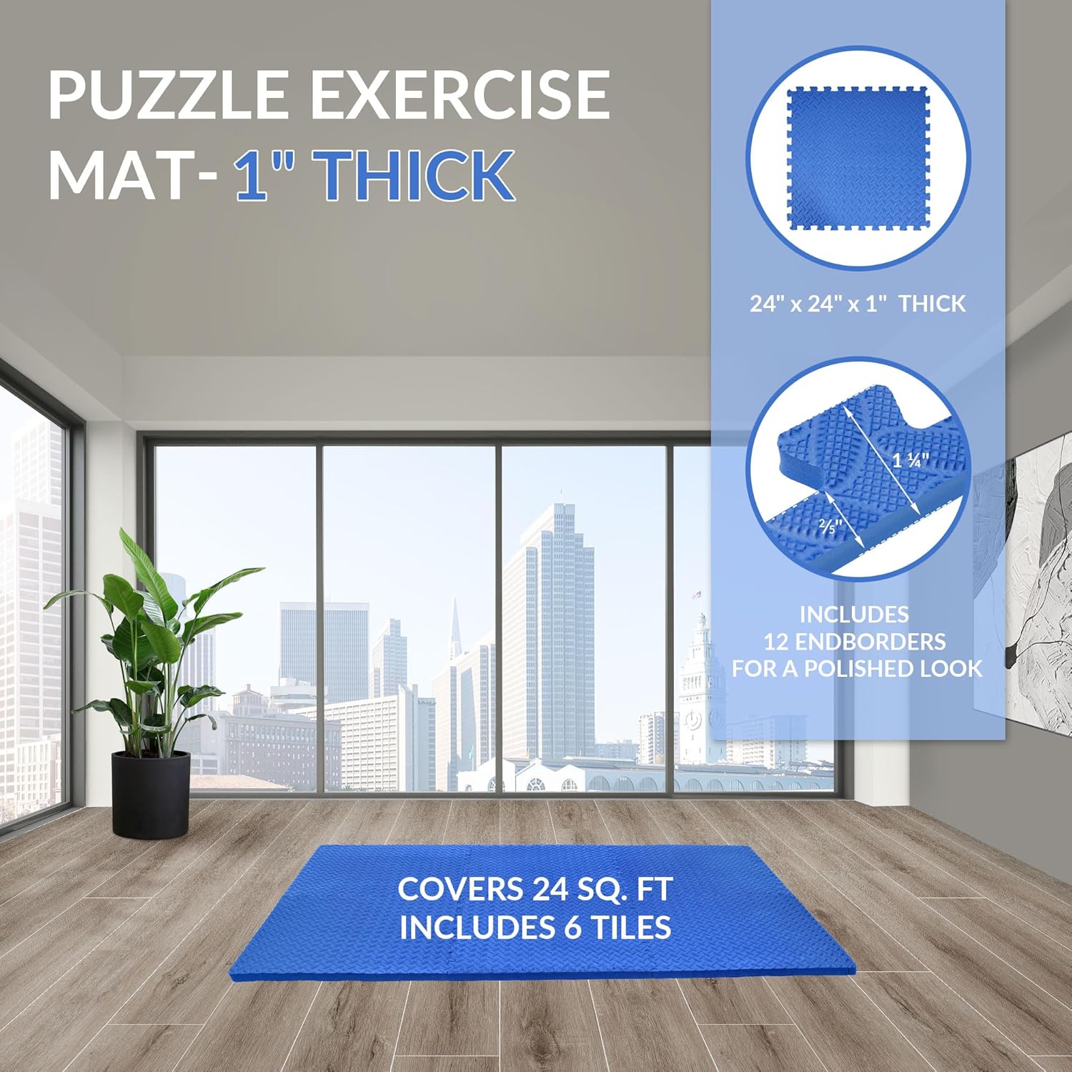 Fitvids Puzzle Exercise Gym Flooring Mat, 1" Thick High-Density EVA Interlocking Tiles Workout Mat for Home Gym, Fitness Equipment, MMA, Gymnastics, 6-Piece Shock-Absorbing Exercise Mat (24 Sq Ft)