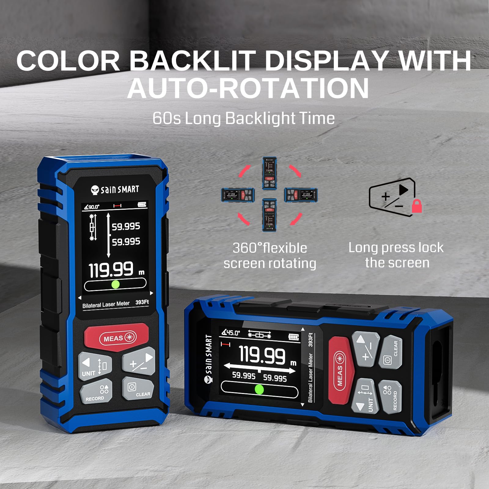 Strumento di misurazione laser doppio SainSmart, misuratore di distanza bilaterale ricaricabile da 120 metri con LCD retroilluminato, sensore di lunghezza/area/volume/angolo