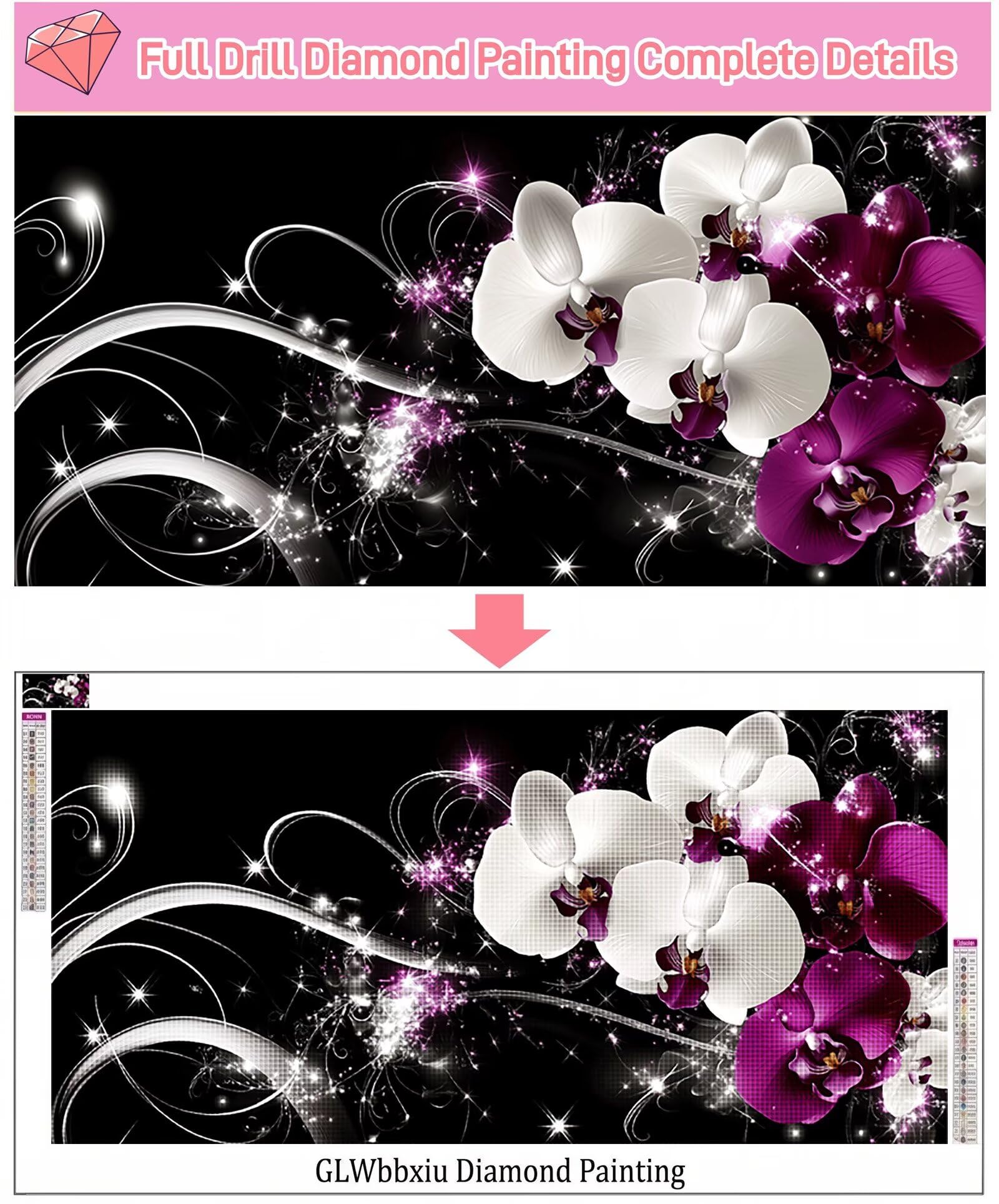 Diamond Painting Orchidee Diamond Painting Erwachsene XXL Weiß 5D Full Runder Drill Diamanten Malen Nach Zahlen DIY Set Mosaik Bastelset Kreativ Set für Erwachsene Home Decor Wanddeko 60x120cm,Cod-985
