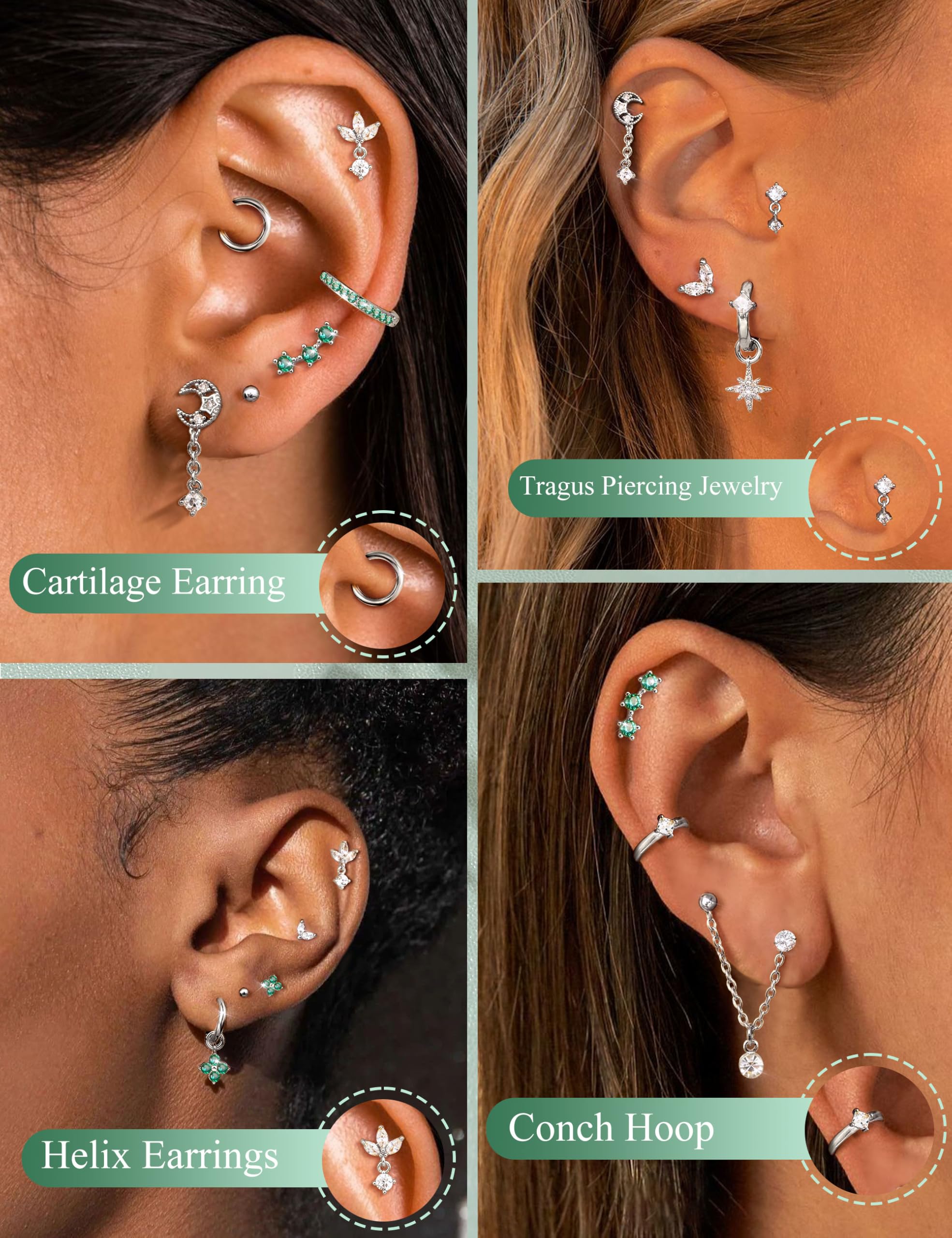 Helix Piercing Gioielli Orecchini in Acciaio Chirurgico ipoallergenico orecchino Piatto Posteriore Orecchini a Cerchio Set Conch Piercing Argento Oro cartilagine daith Tragus Piercing Gioielli PC