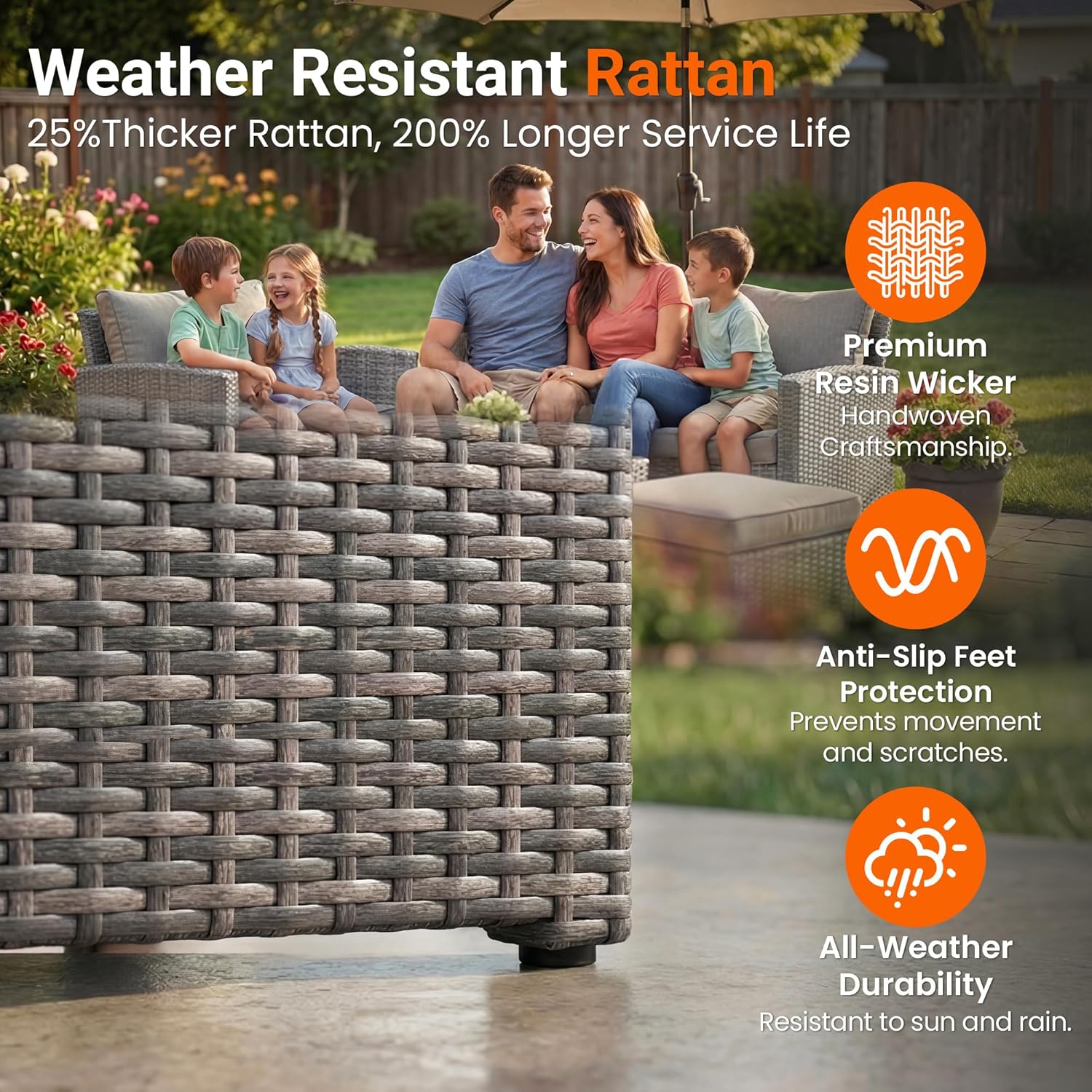 Wisteria Lane Patio Furniture Set, Wicker Outside Outdoor Furniture for All Weather, Patio Sofa with High Backrest Support and Wide Armrest for Backyard, Balcony, Deck, Porch, Ash Gray