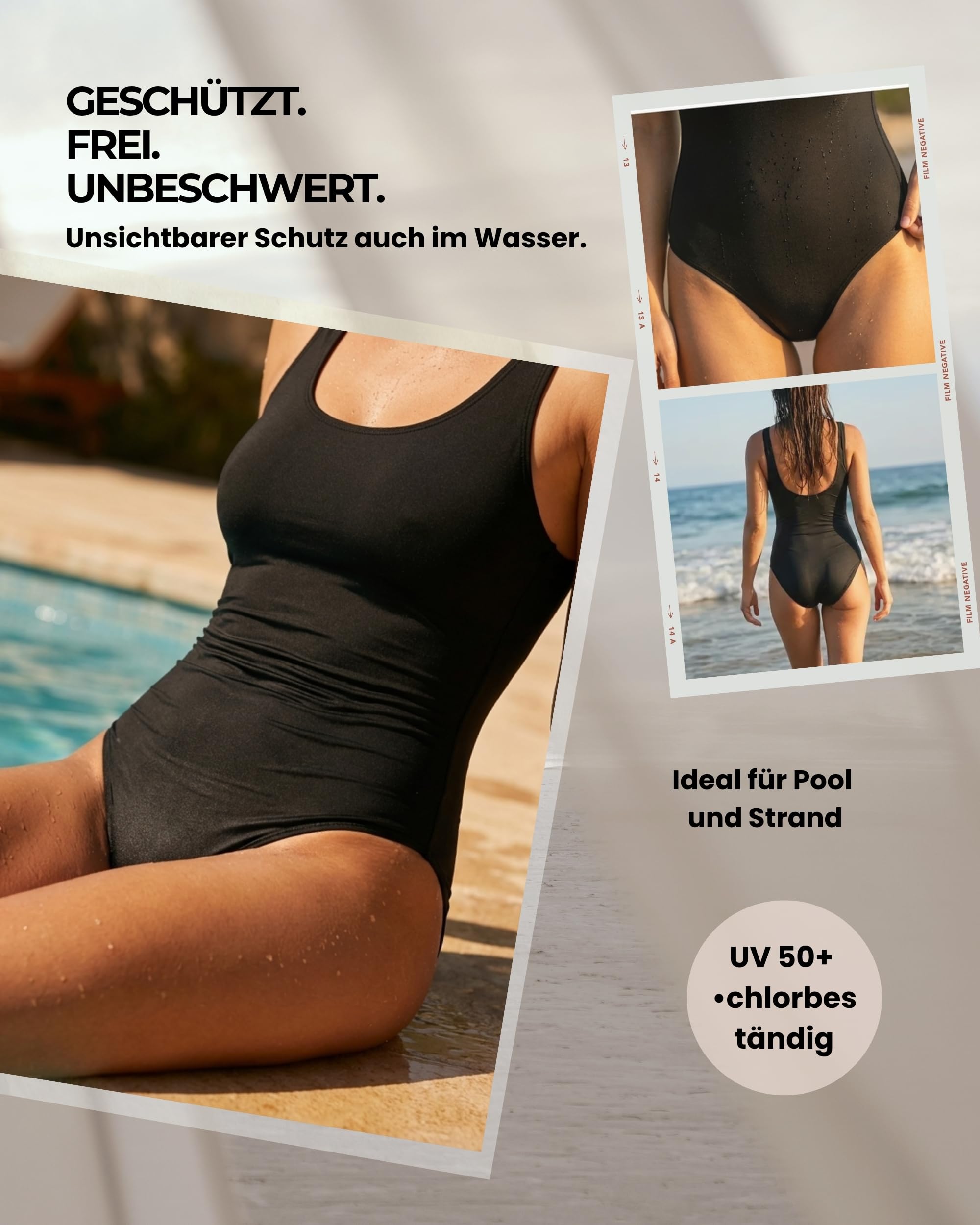 Perioden Badeanzug 1-teilig Damen & Mädchen mit AquaSecure Technologie | Menstruations Badeanzug | Leichter bis Mittlerer Fluss | Anti-UV | Schwimmen, Strand & Meer | Öko, Komfort, Softfit, Oeko-TEX