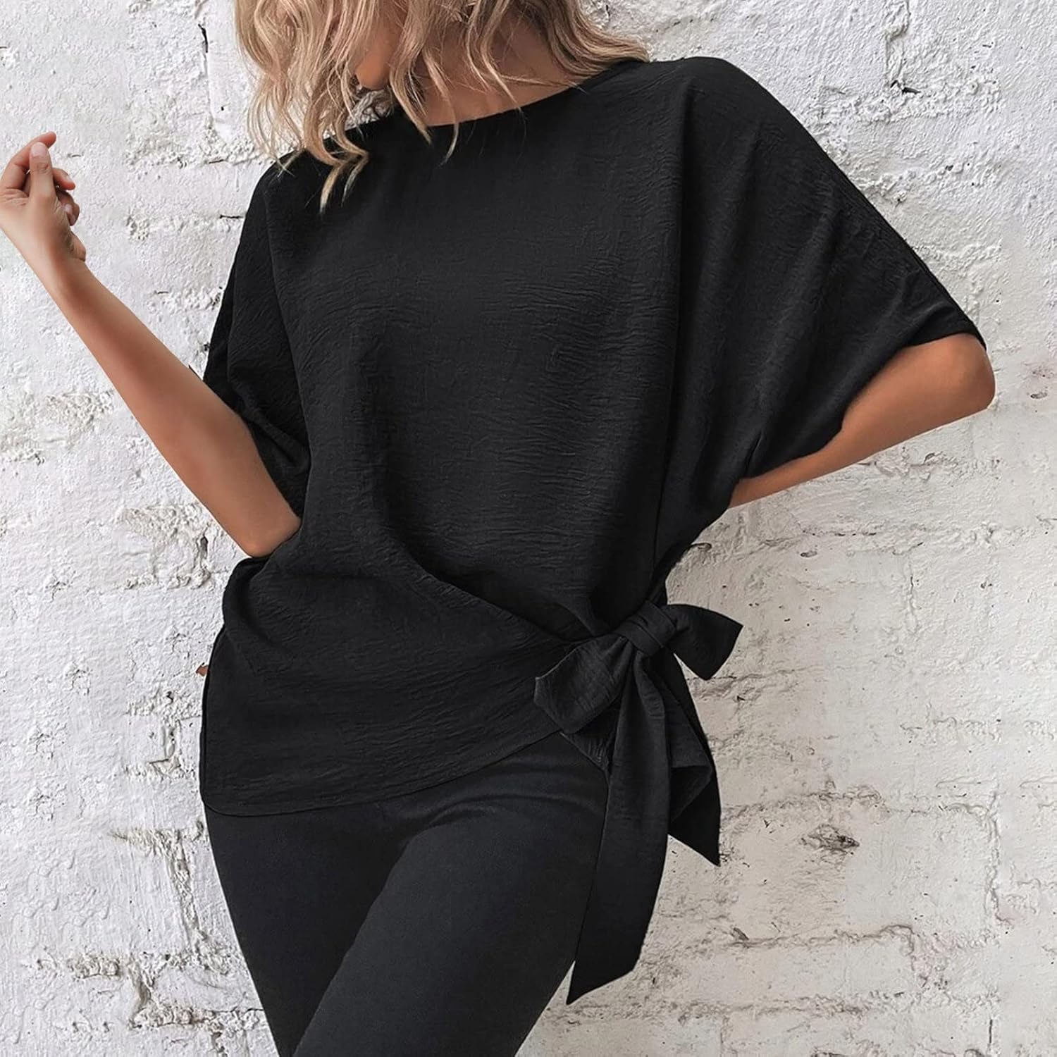 Womens Elegant Tie Side Tops Short Sleeve Batwing Blouses Casual Loose Fit Tunics Dressy Office Summer Shirts - Image 2