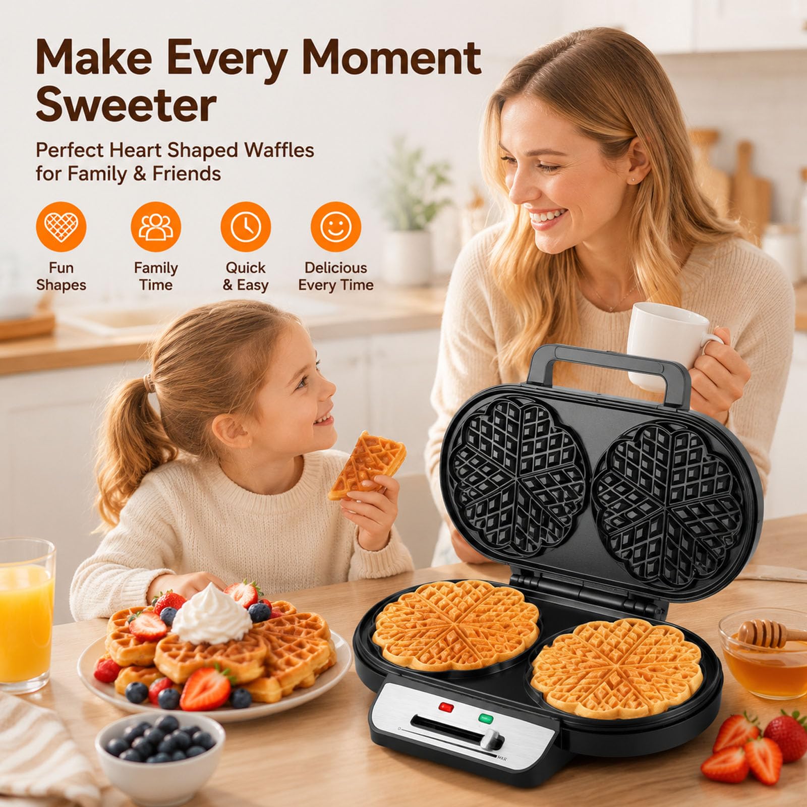 Wafflera en forma de corazón, temperatura ajustable | Gofrera Belga, Placas Antiadherentes, Fácil de Limpiar, Acero Inoxidable, gofrera de hierro fundido para Gofres, Galletas