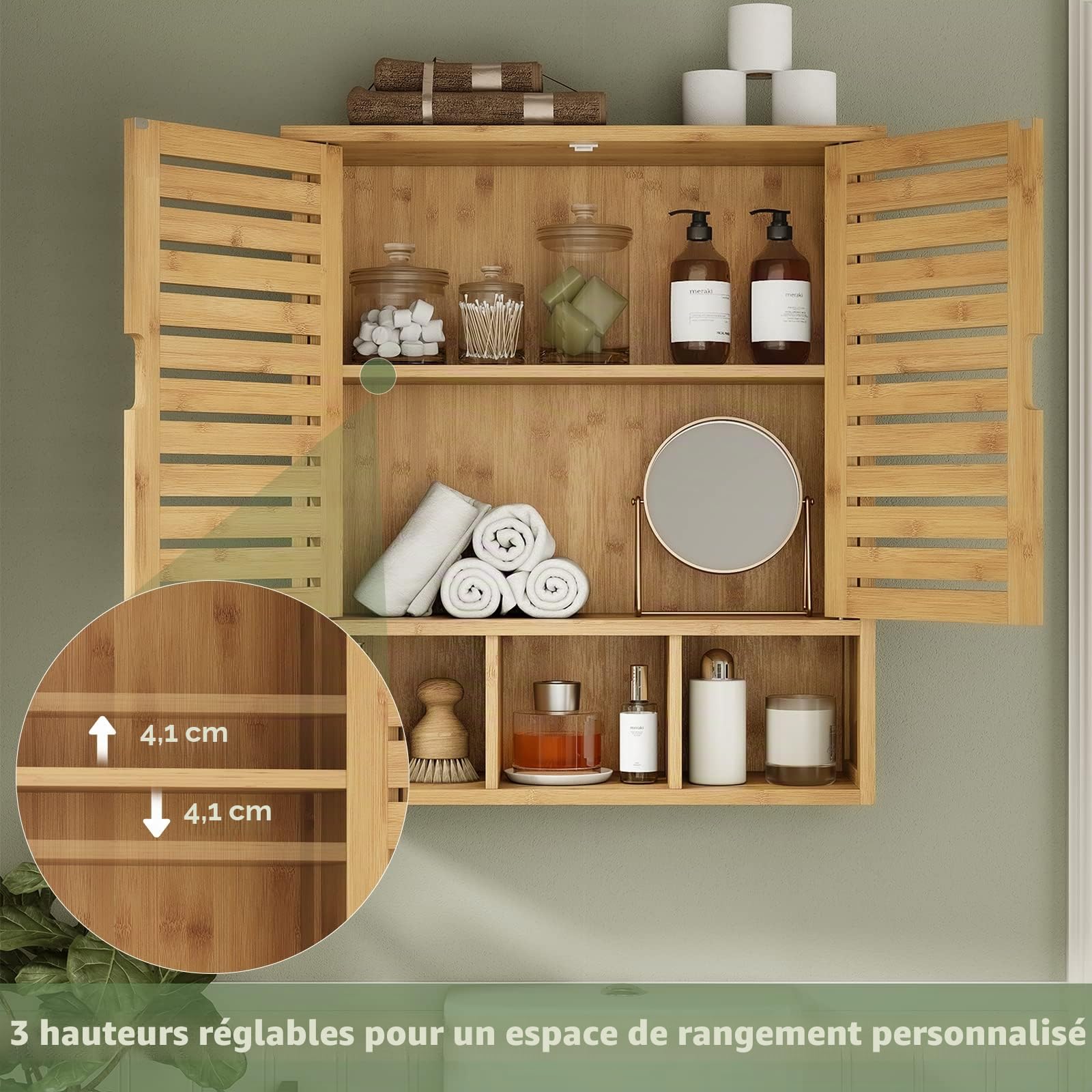 VIAGDO Armoire Murale de Salle de Bain, Meuble de Rangement avec 3 Compartiments Ouverts et Étagère Réglable, Armoire à Pharmacie Suspendue en Bambou avec 2 Portes, 59 x 21 x 67 cm