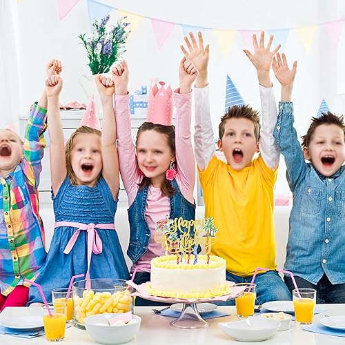 Miniatura 5 de 1 paquete de decoración de pastel de feliz cumpleaños con purpurina flamenco y hojas de piña, decoración tropical hawaiana para pastel Luau para