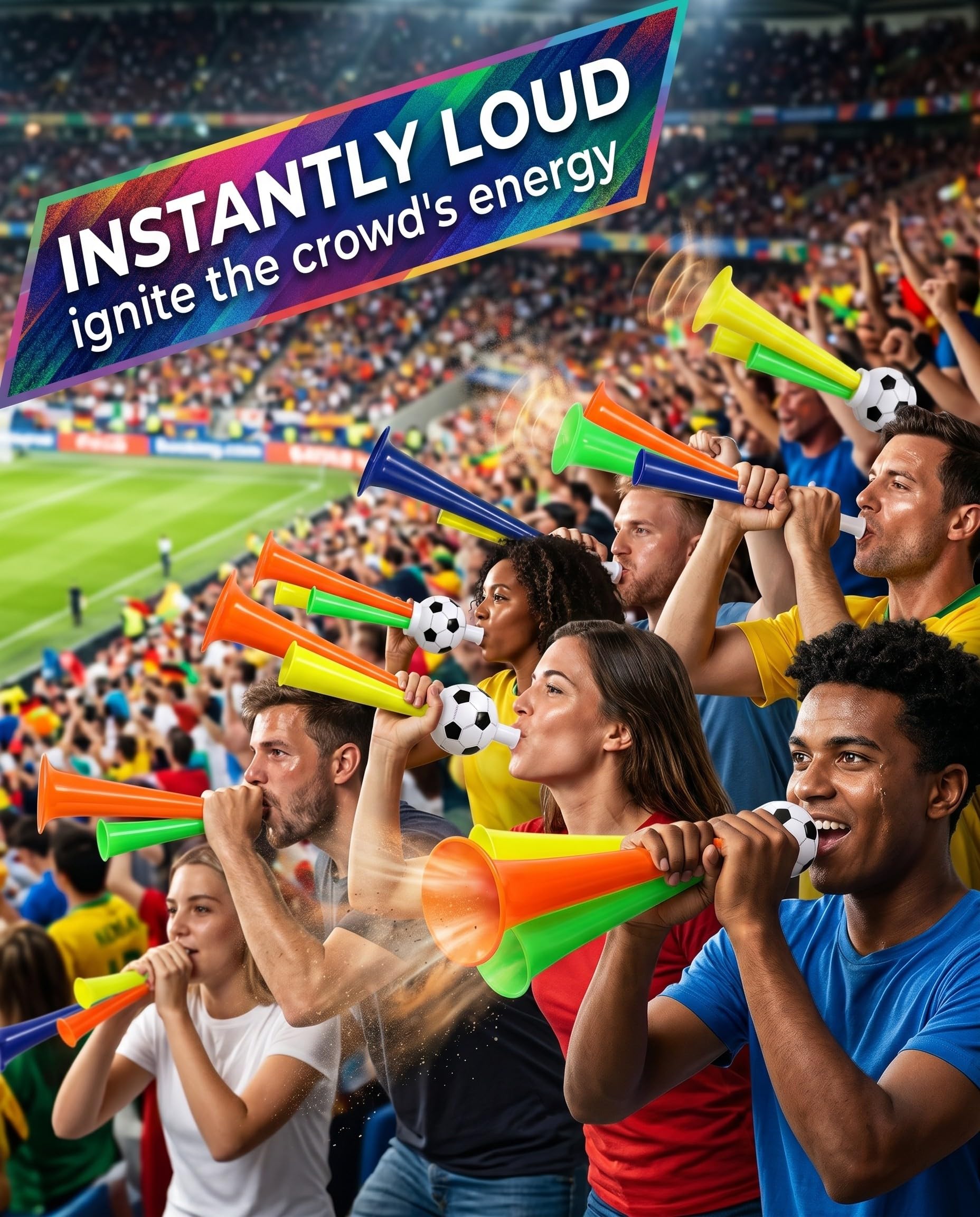 Vuvuzela 4 pièces, haut-parleur et trépied compact pour encourager le football en stade. Idéal comme fanfare pour les événements sportifs, les tournois de football et le basket-ball.