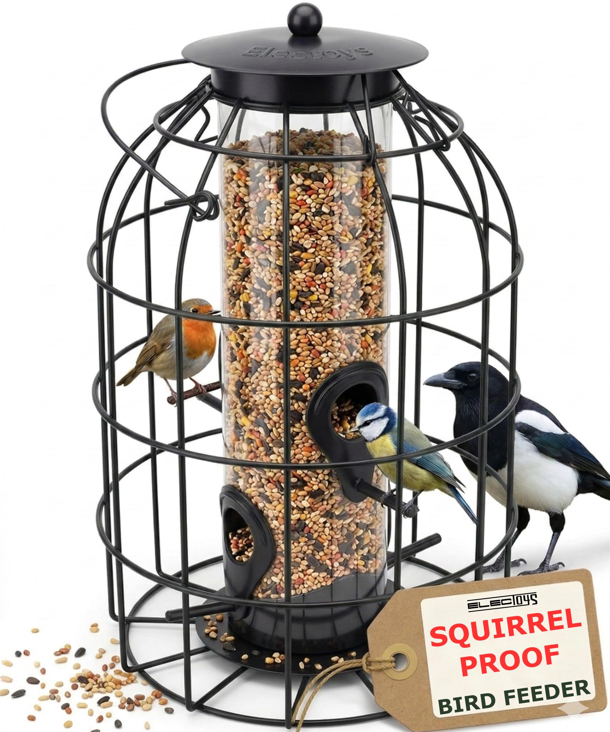 Electoys Squirrel Proof Bird Feeders - Bird Feeder Hanging Station - Small Birds Seed Feeder - Hanging Metal Wild Bird Feeders for Garden Outdoors - Heavy Duty Weatherproof - H 26cm x W 17cm