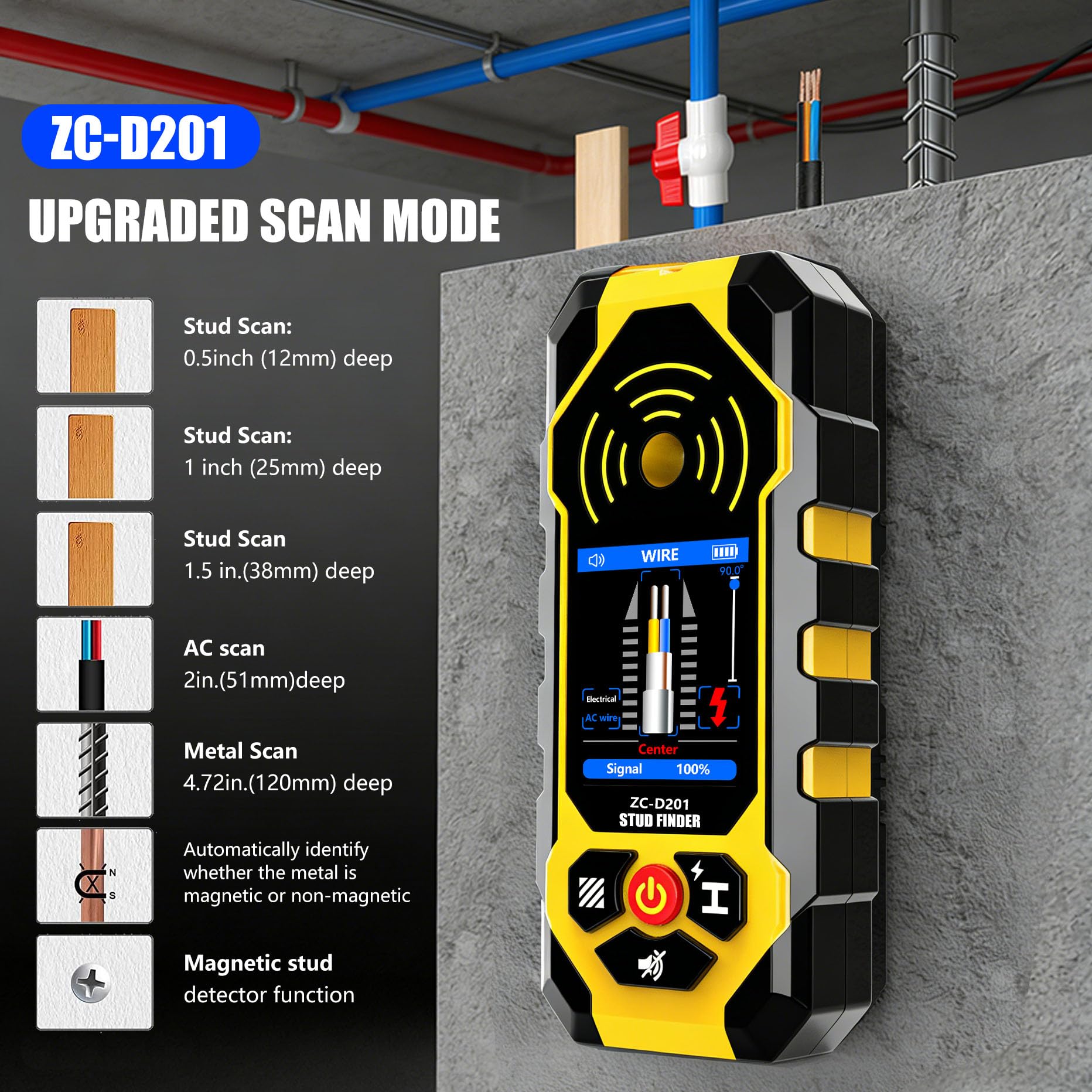 YILTION ZC-D201 6-in-1 Stud Finder - Detects Wood, Metal & More -7
