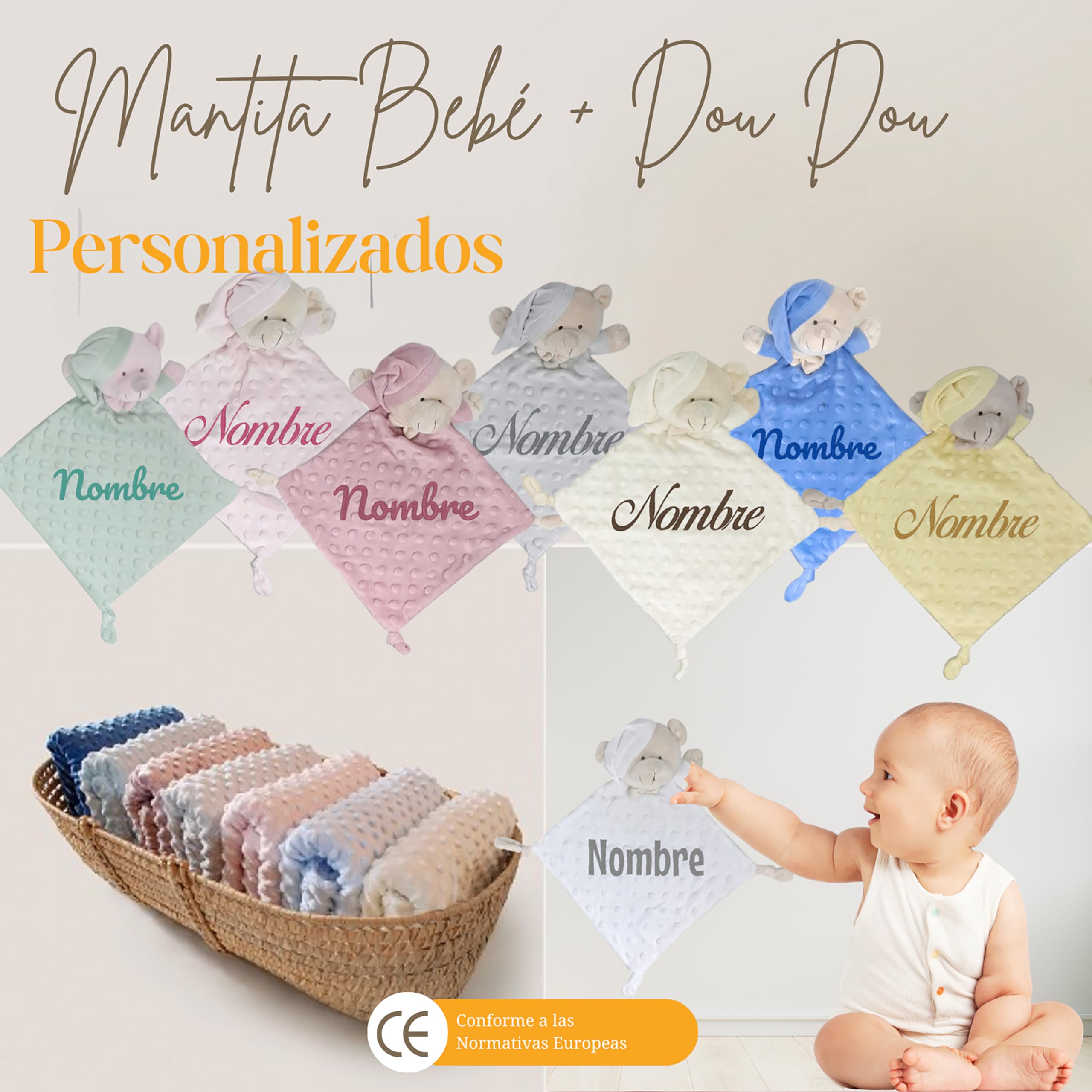 Cesta de Bebé Personalizada My Little Velvet (Maquillaje) | Cesta bebé personalizada con cosmética natural, dou dou bordado, mini pastel de pañales y marco con significado del nombre
