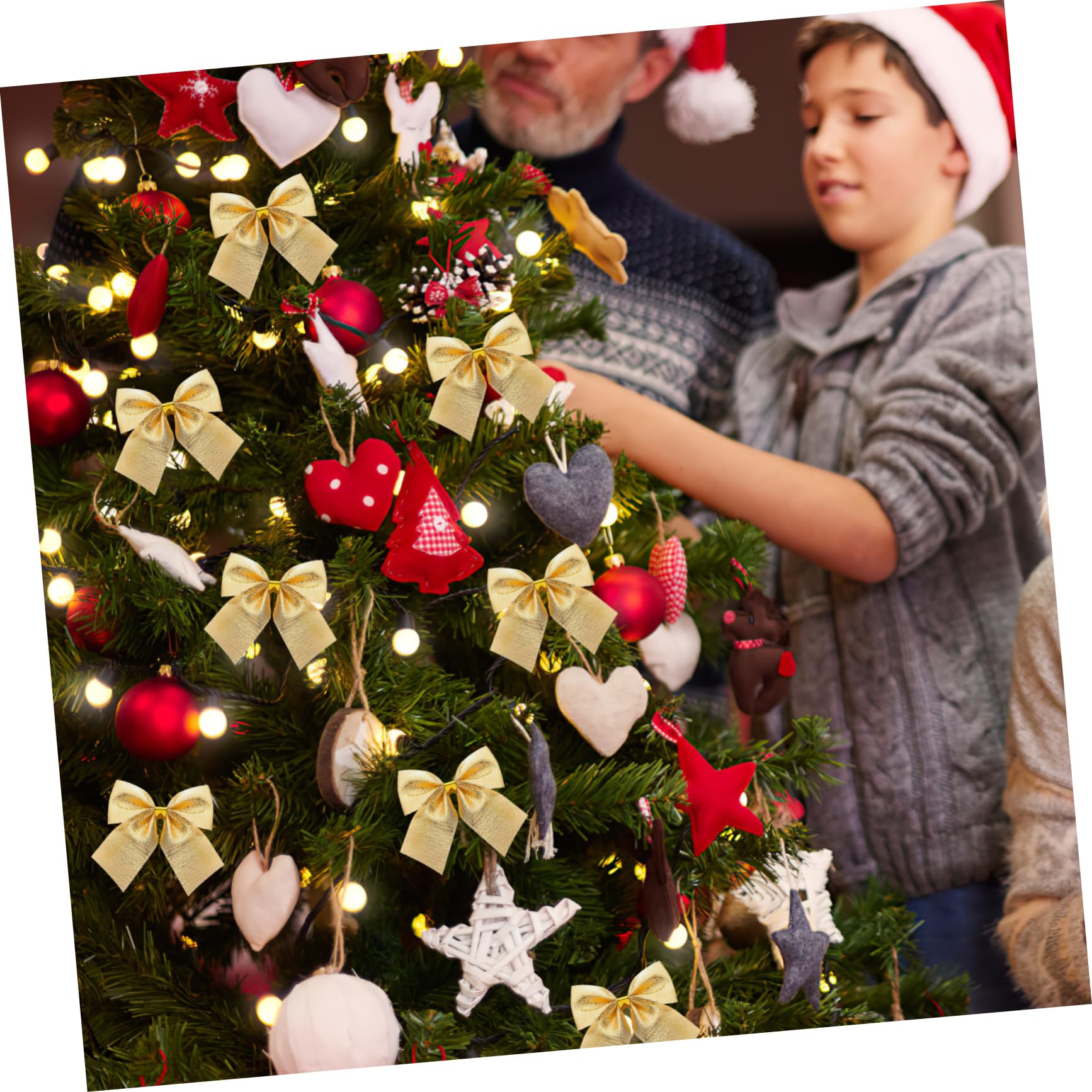 POPETPOP Juego De 12 Lazos Navideños Dorados para Árbol De Navidad, Adornos Colgantes De Cinta De Raso 5x5 Cm, Decoración Festiva para Hogar y Fiesta