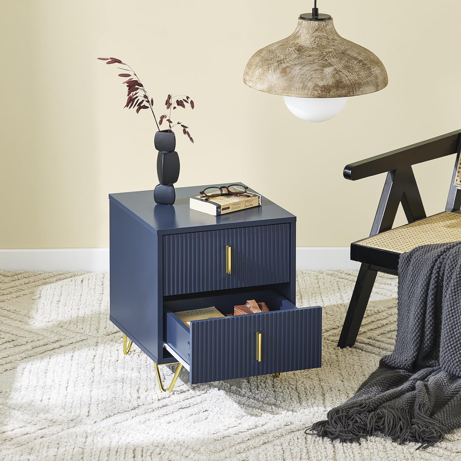 SoBuy Stolik nocny szafka nocna 2 szuflady niebieski 40x40x47 cm FBT115-B