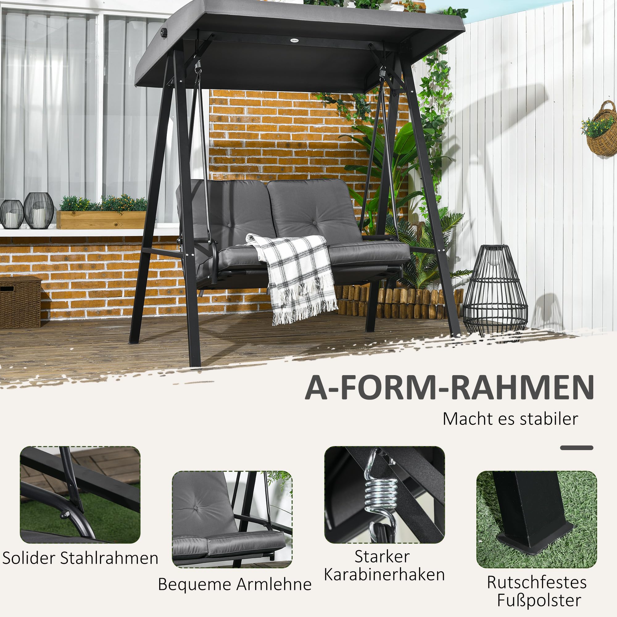 Outsunny Hollywoodschaukel 2-Sitzer 220kg 145 x 116 x 172 cm Dunkelgrau | Gartenschaukel, Verstellbarem Sonnendach, Schaukelbank, Gartenliege für Garten, Terrasse