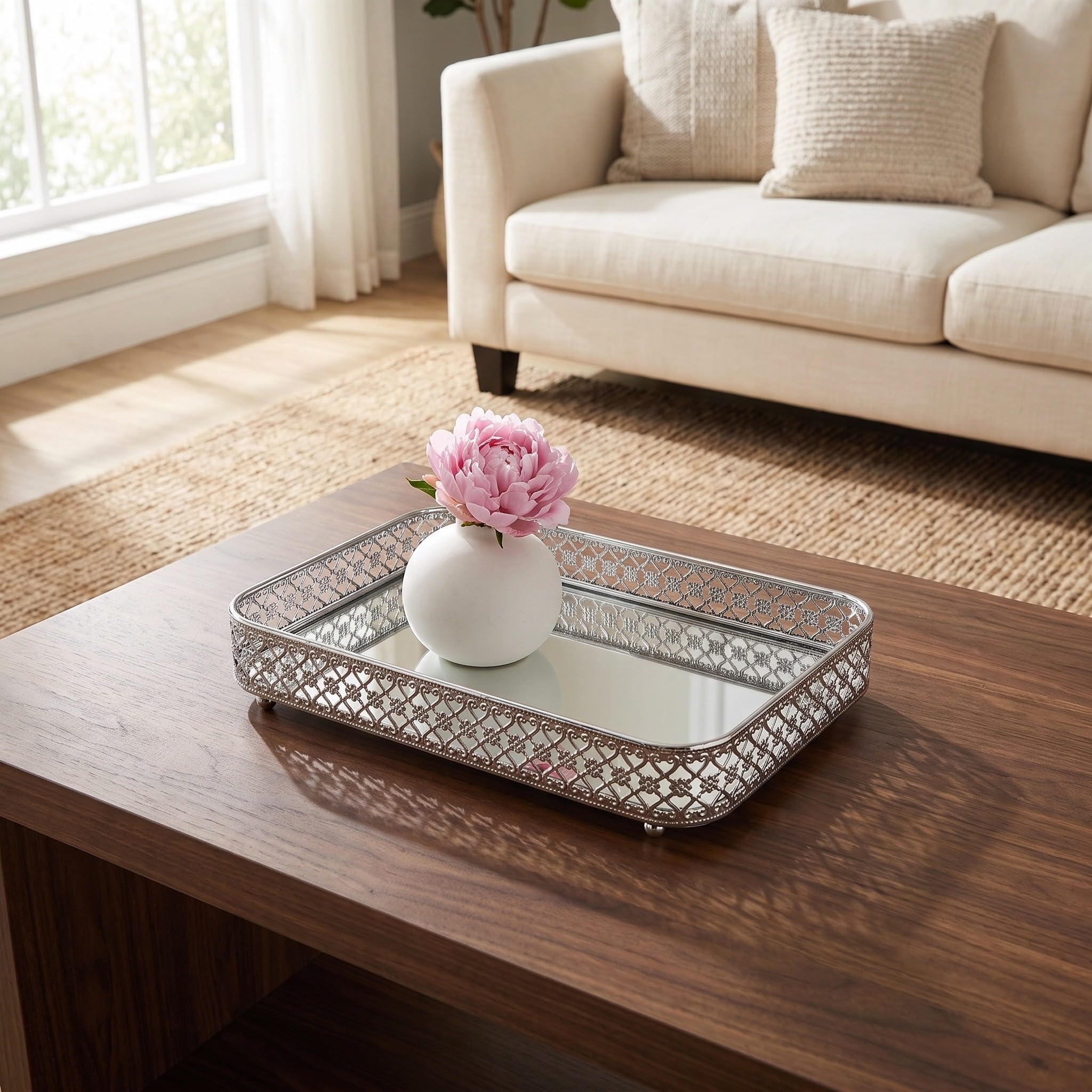 Amosfun Bandeja Decorativa Rectangular de Metal Solución Versátil para Almacenamiento Superficie Espejo Plata, Fácil de Limpiar y Reuniones Familiares y Restaurantes